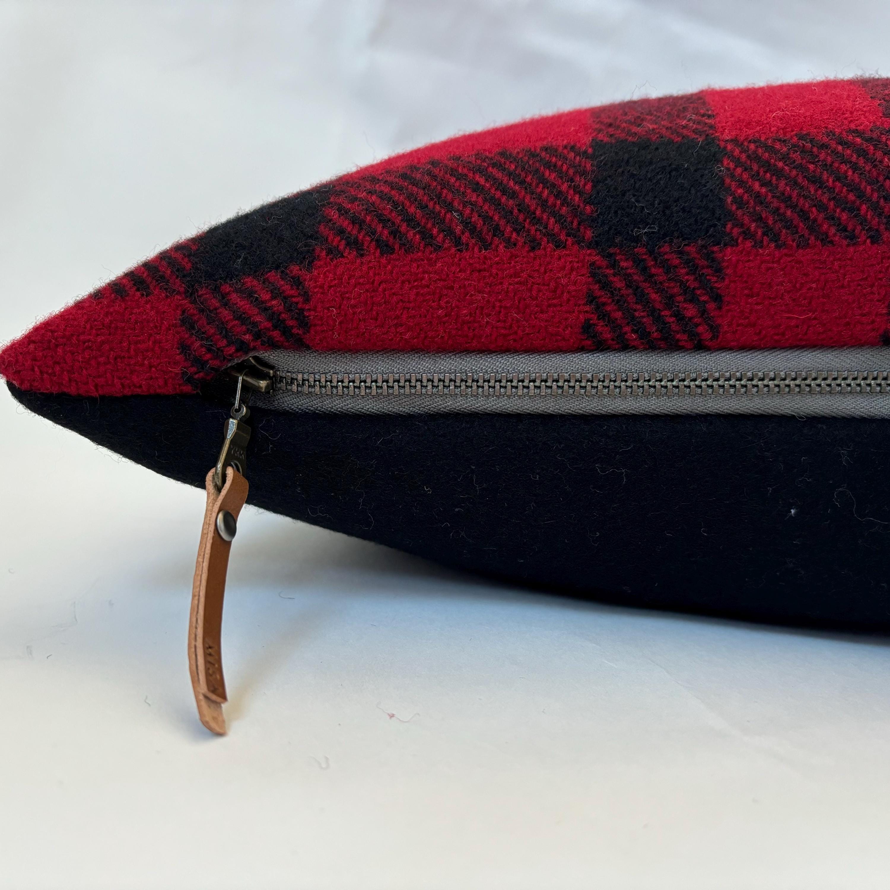 Wool Pillow Cover: Red Black Buffalo Plaid with Leather Pull