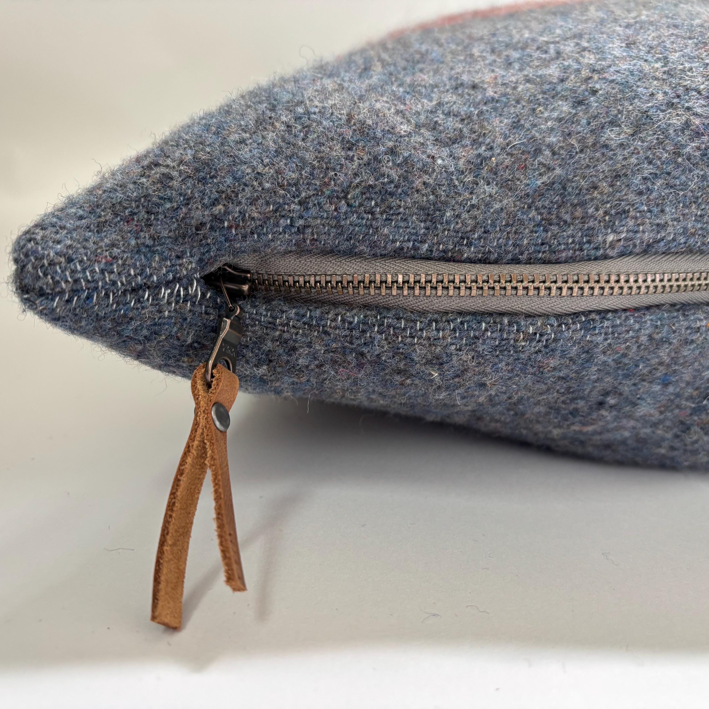 Striped wool throw Pillow blue and yellow with Leather Pull (20x20)