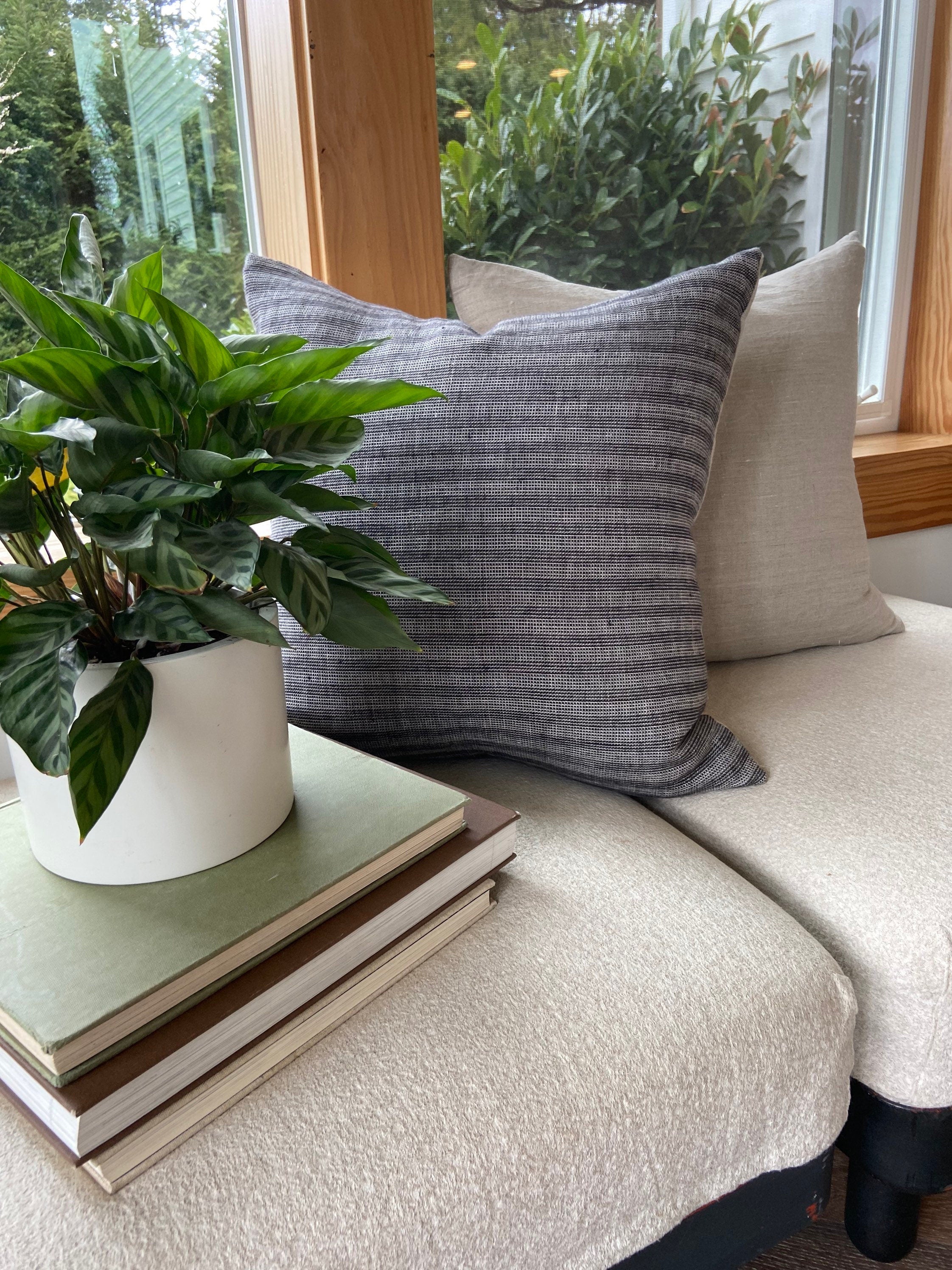 Black and white striped linen pillow cover exposed zipper-leather pull 14x24 20x20 22x22 24x24 100%linen housewarming gift