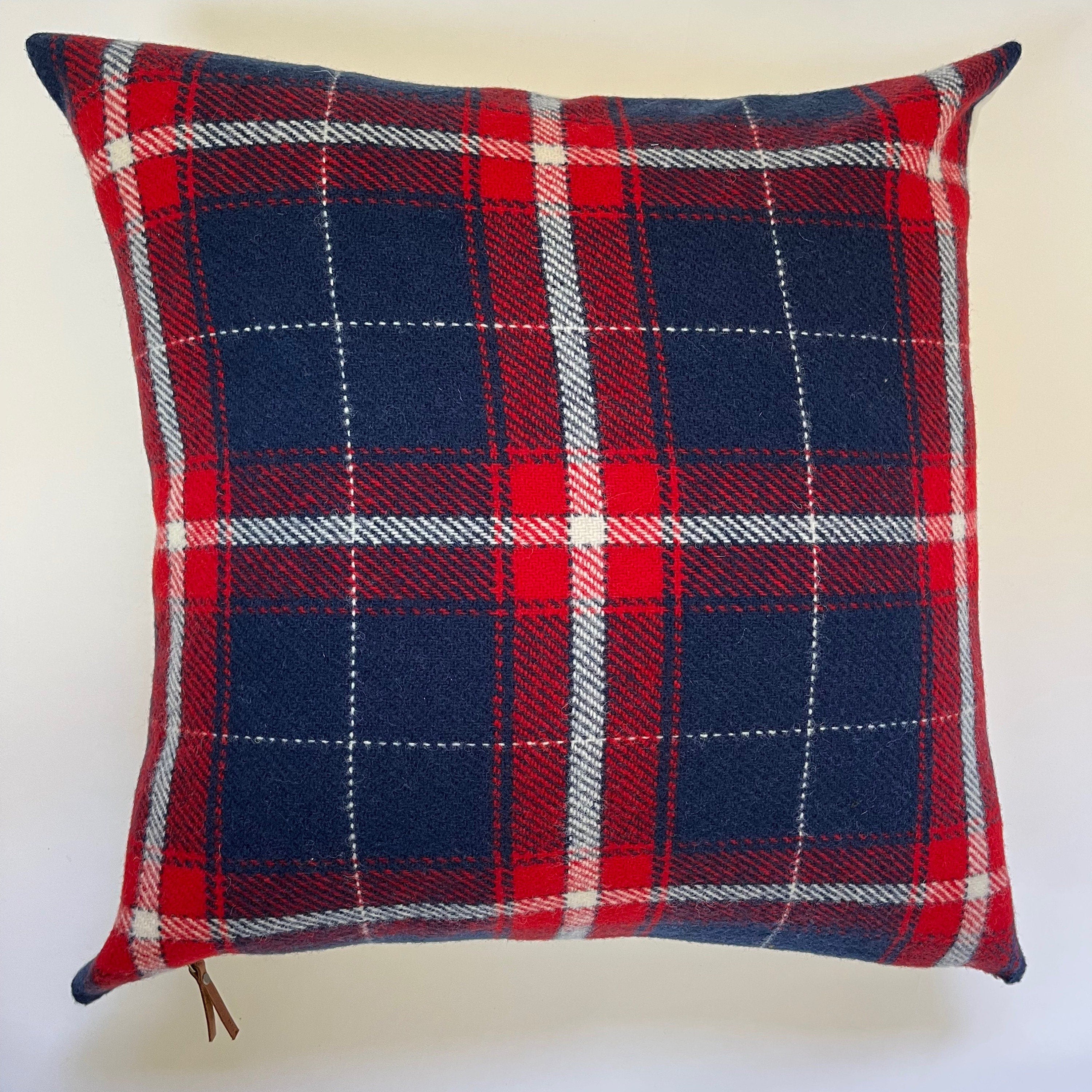 Red white Blue plaid wool pillow housewarming Fourth of July exposed zipper 14x24 24" 22"20" Handmade Handcrafted by misa