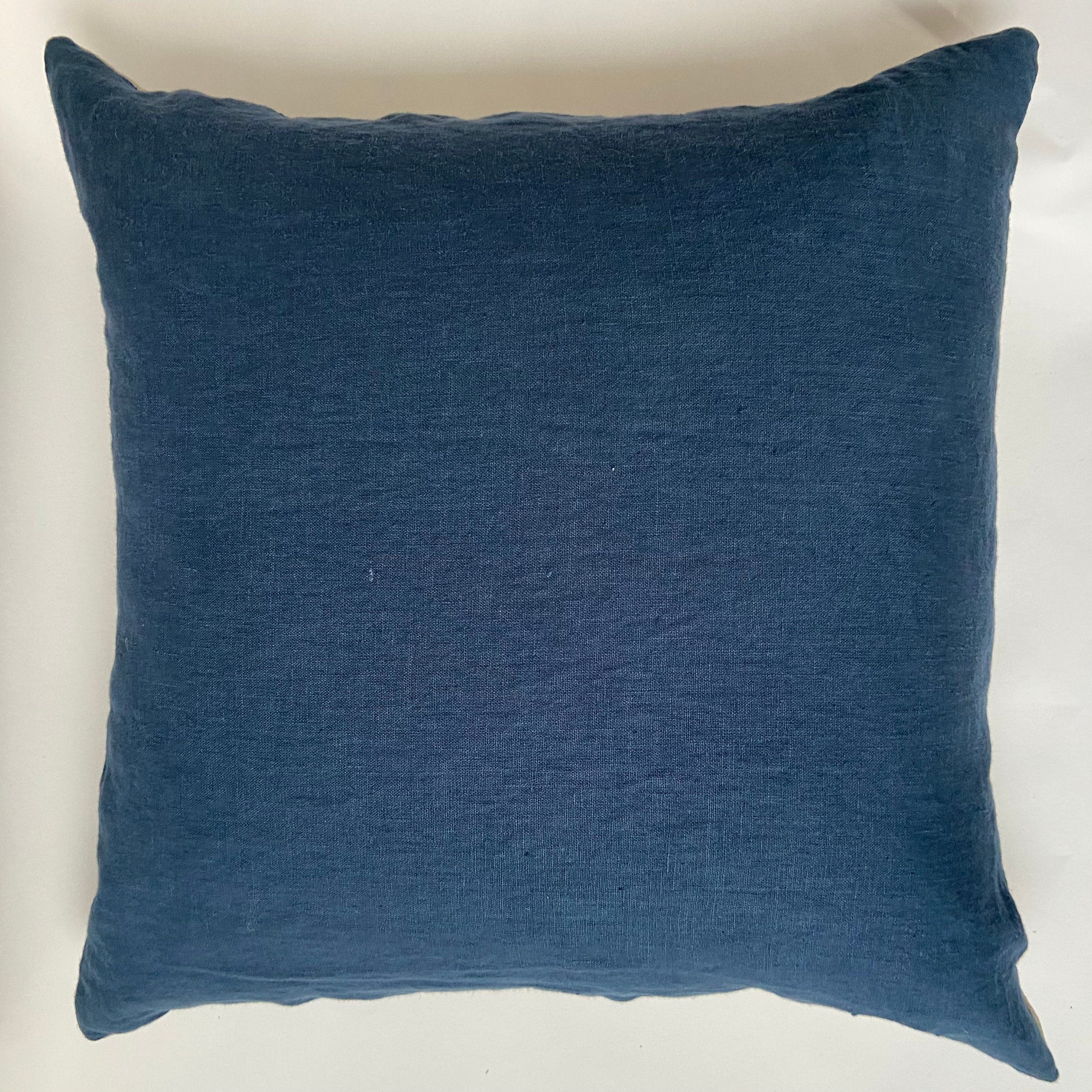 blue linen pillow cover cobalt pillow exposed zipper-leather pull 20”22” 24”14x24  high quality neutral Linen backing housewarming gift