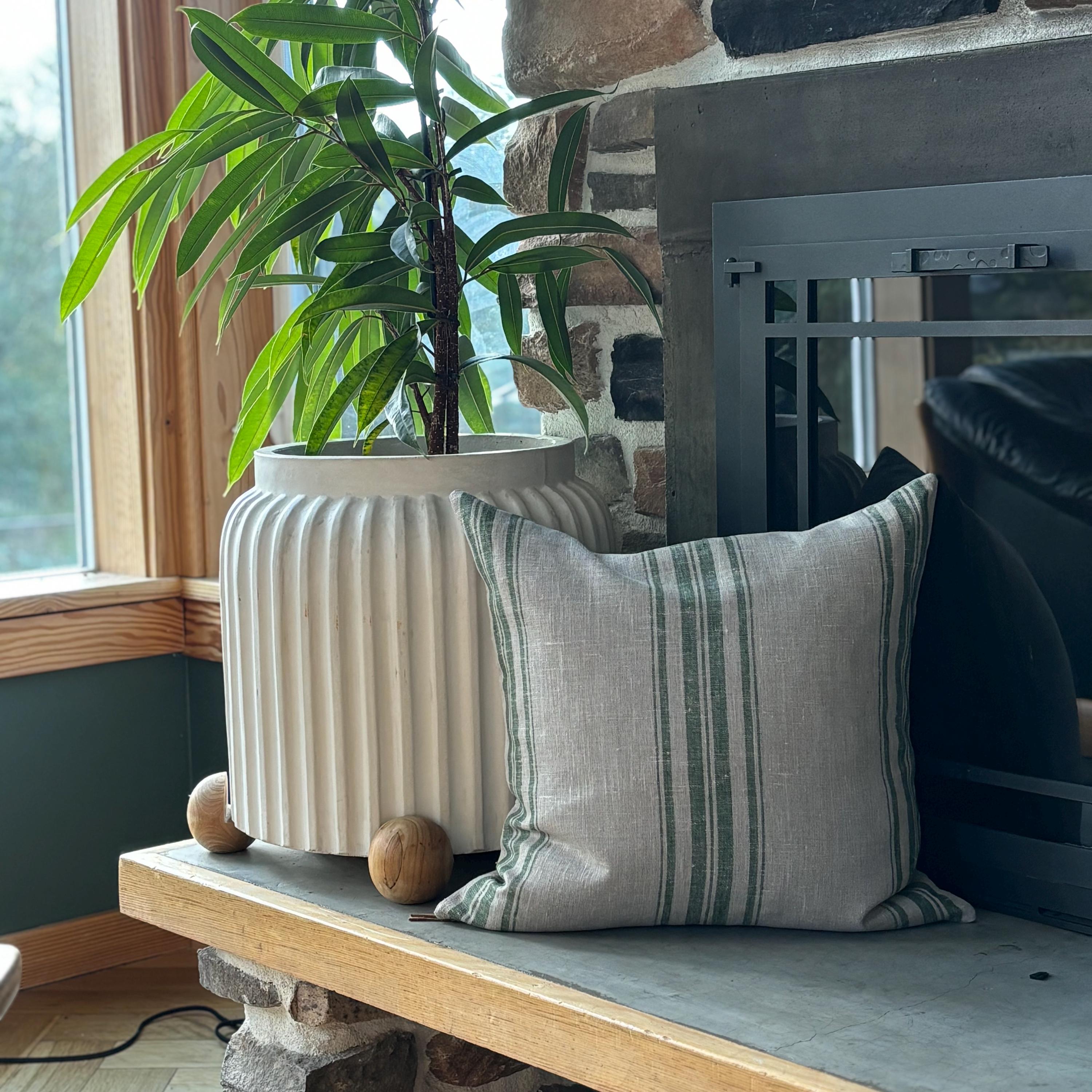 Green Striped Linen Pillow Cover: 18x18 Throw Pillow with Leather Pull