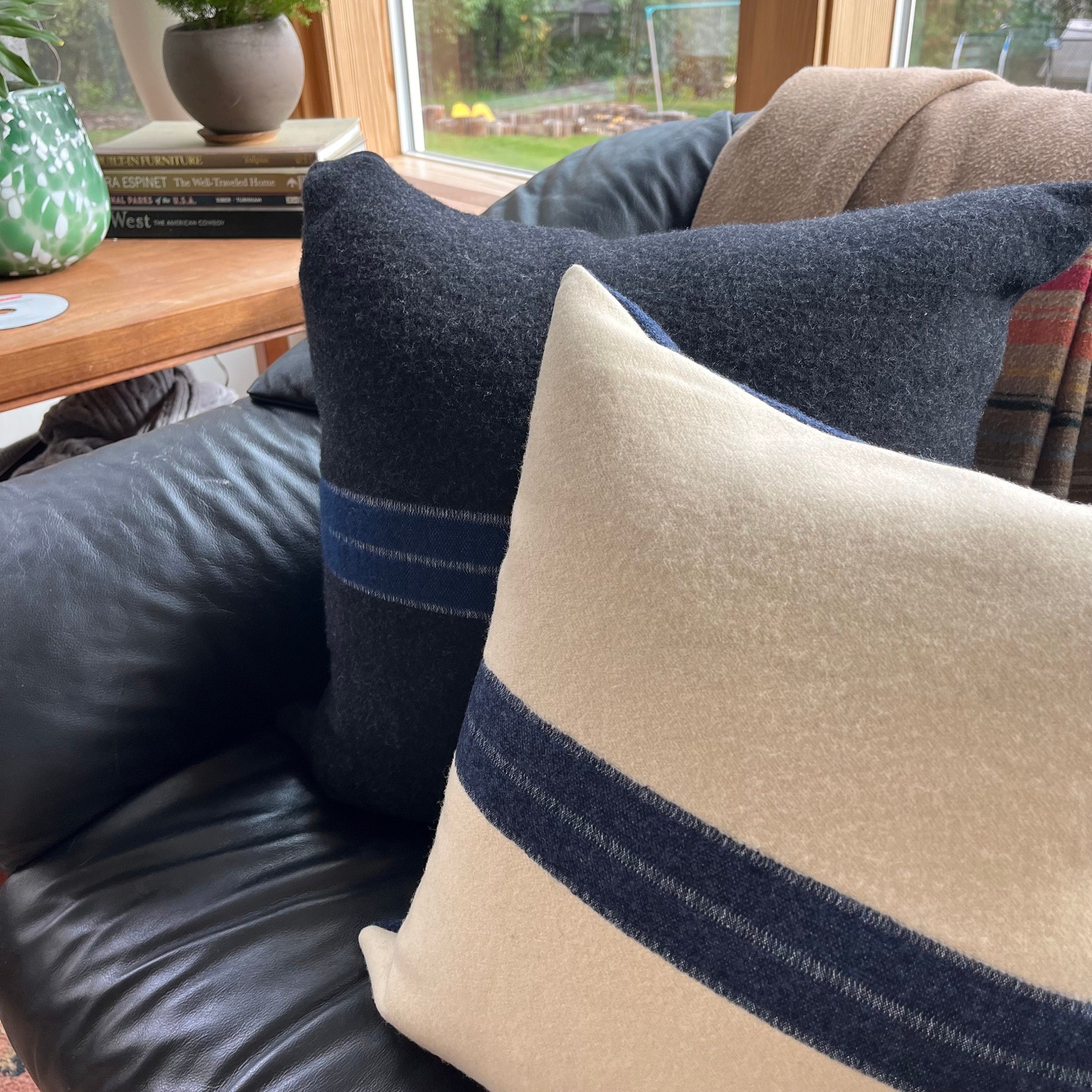 Cream wool pillow with blue stripe 18x18 exposed zipper pillow housewarming gift