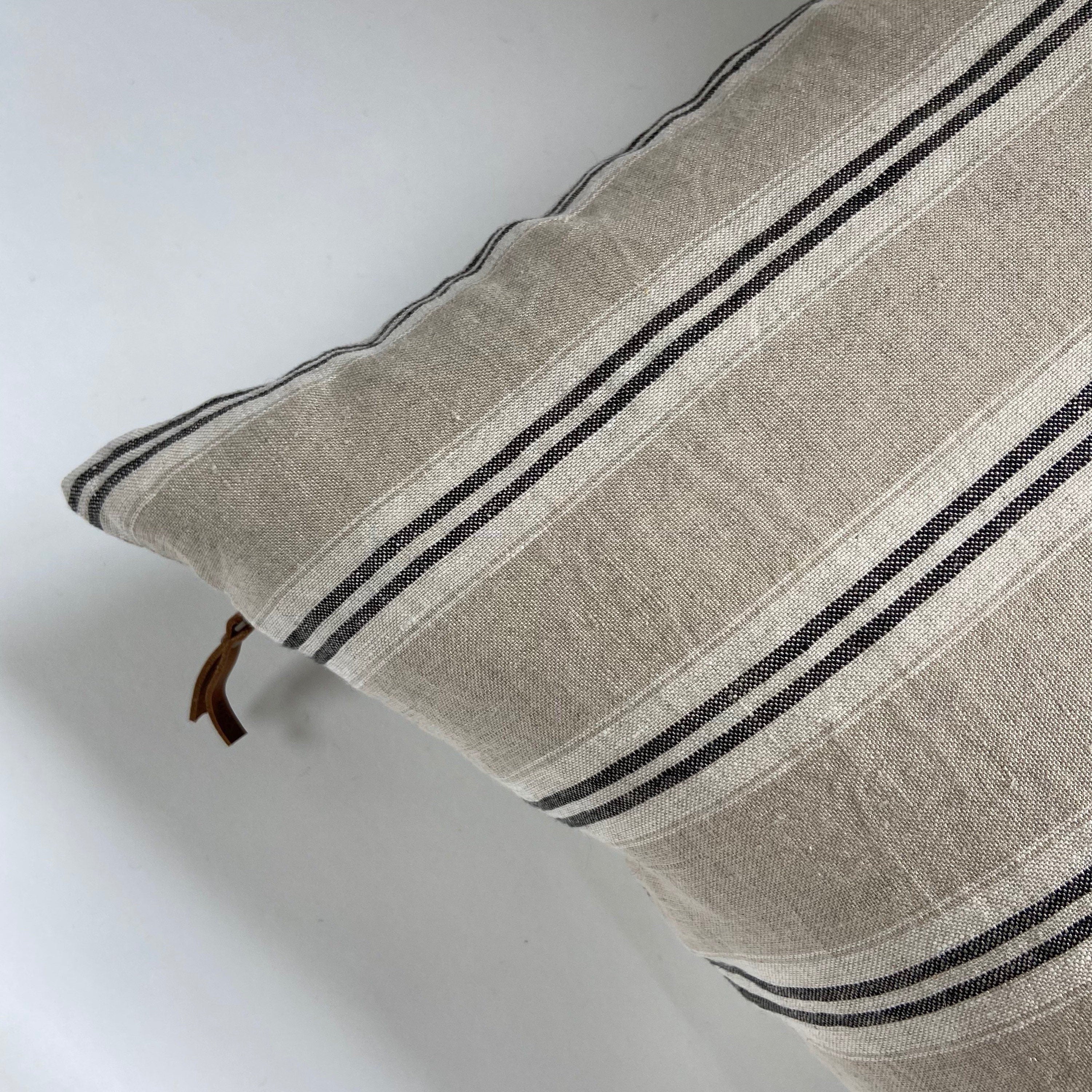 black white and Tan striped linen pillow cover exposed zipper-leather pull | 14x24 20x20 |high quality