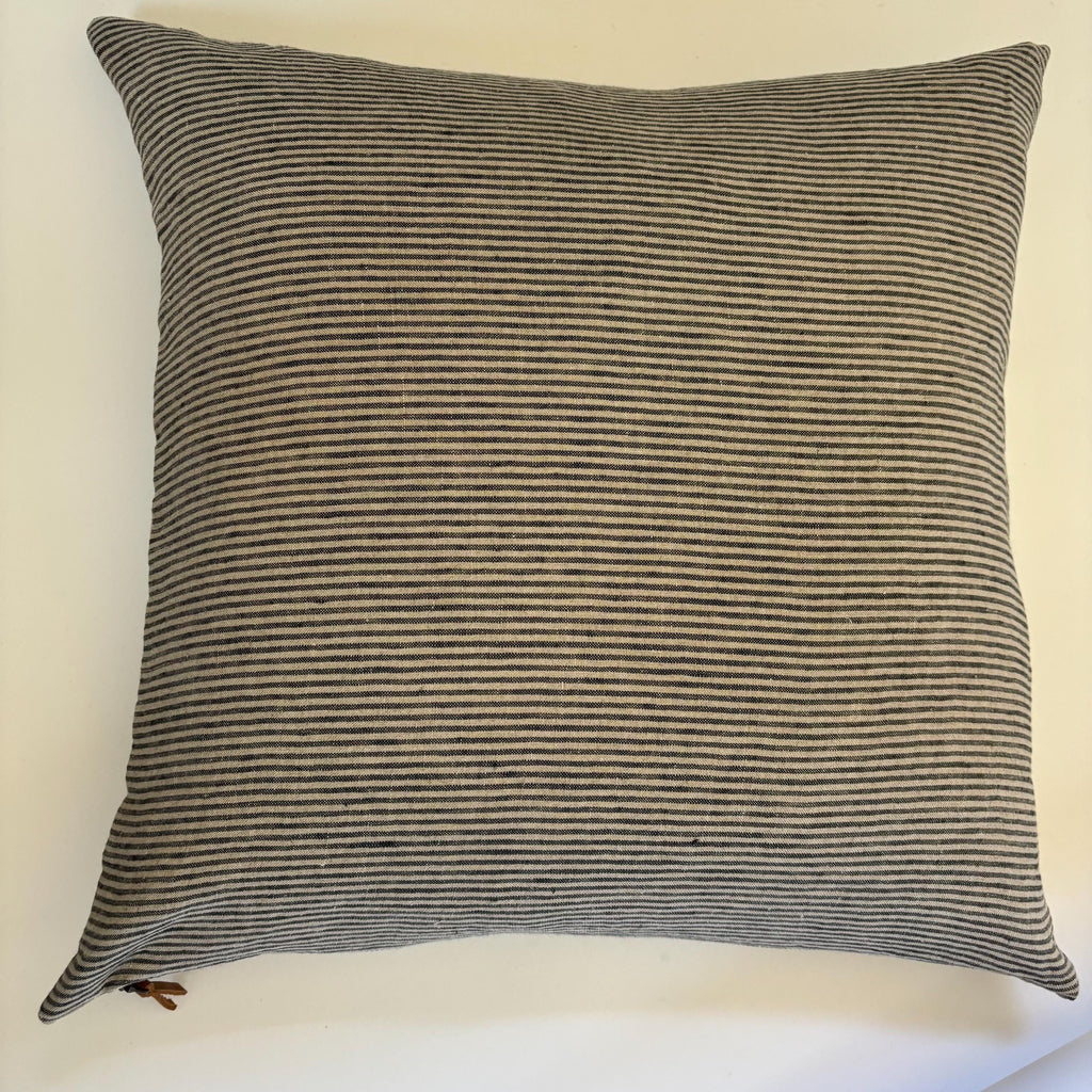 Striped Linen Pillow Cover: Black & Tan with Leather Zipper Pull