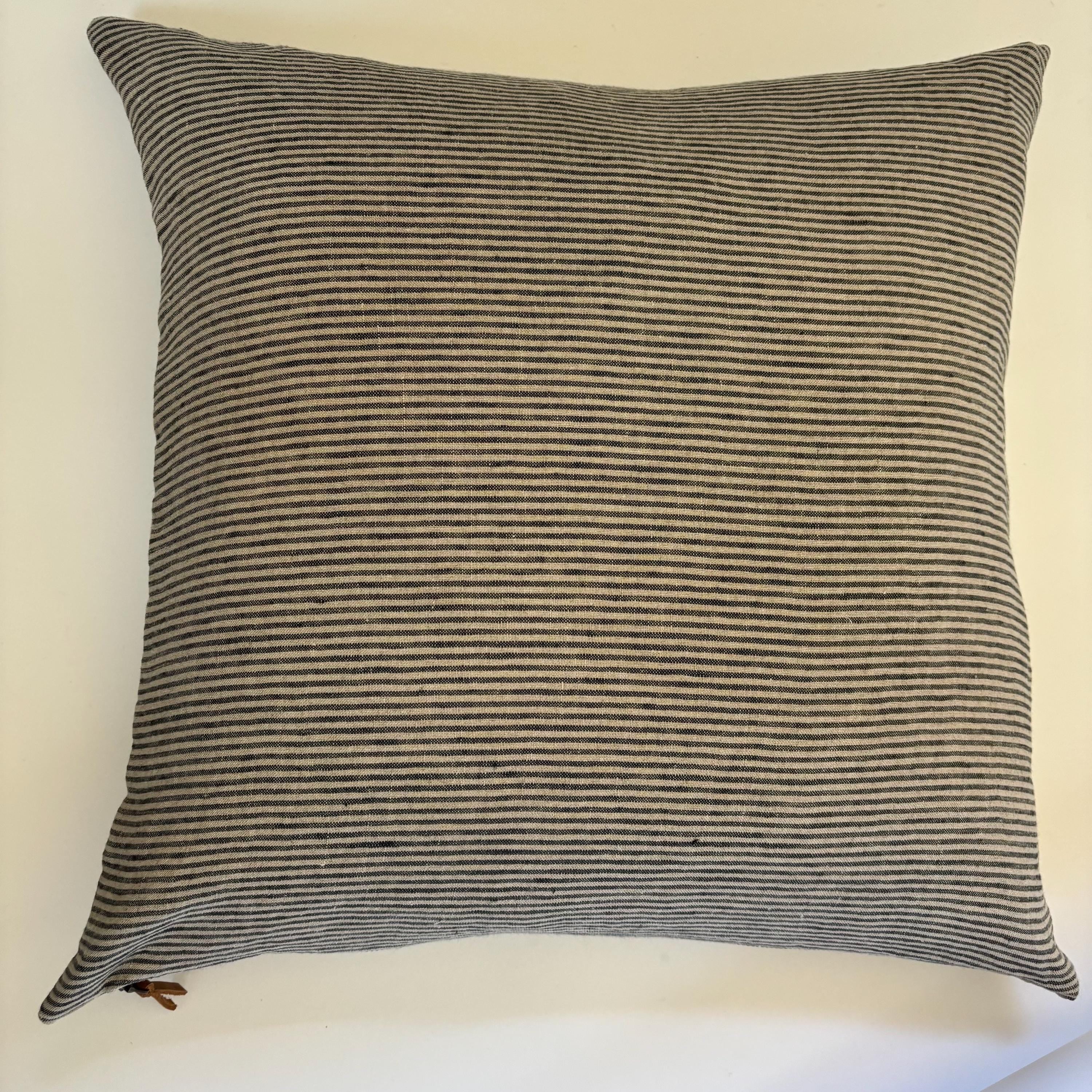 Striped Linen Pillow Cover: Black & Tan with Leather Zipper Pull