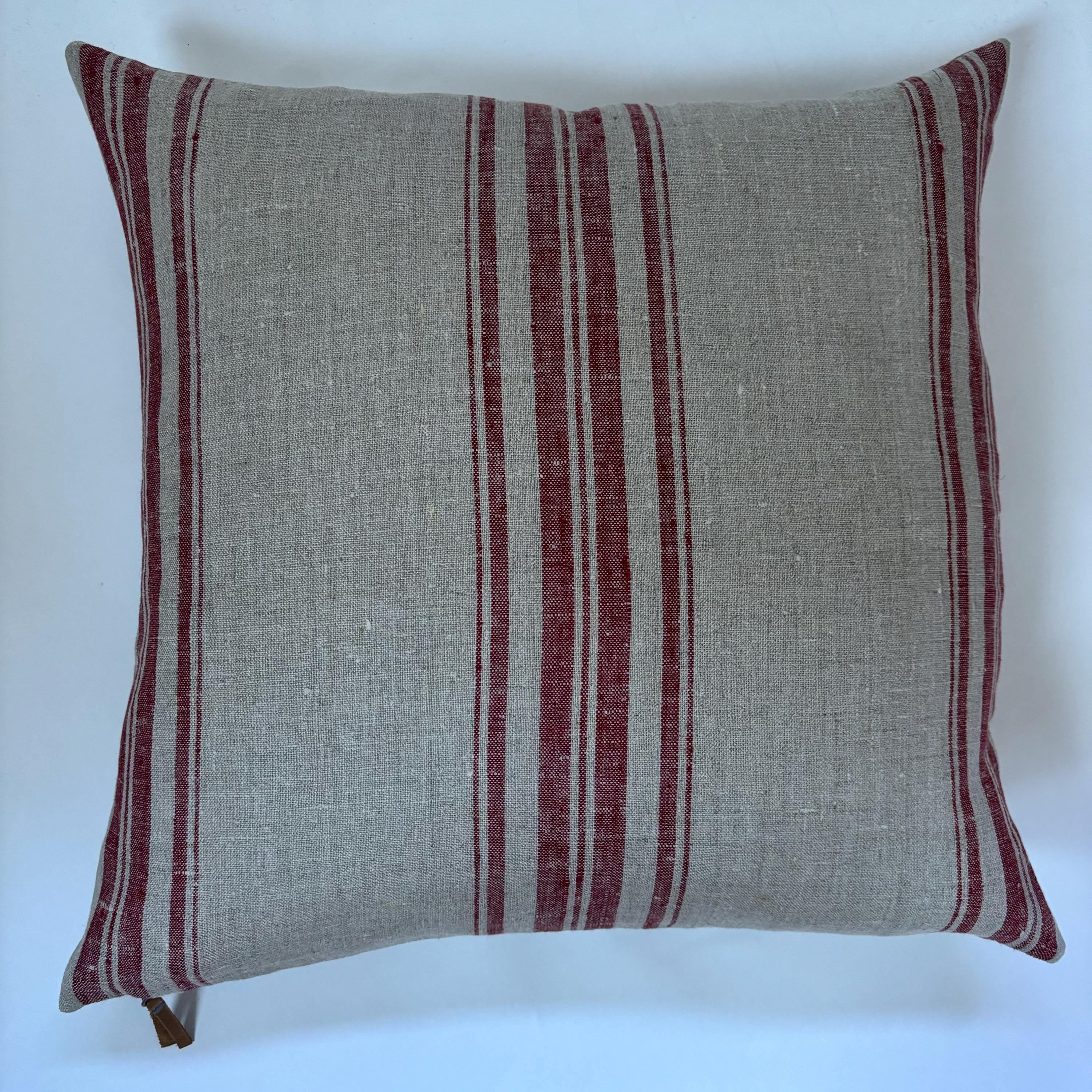 Red Striped Linen Pillow Cover: 18x18 Exposed Zipper, Leather Pull