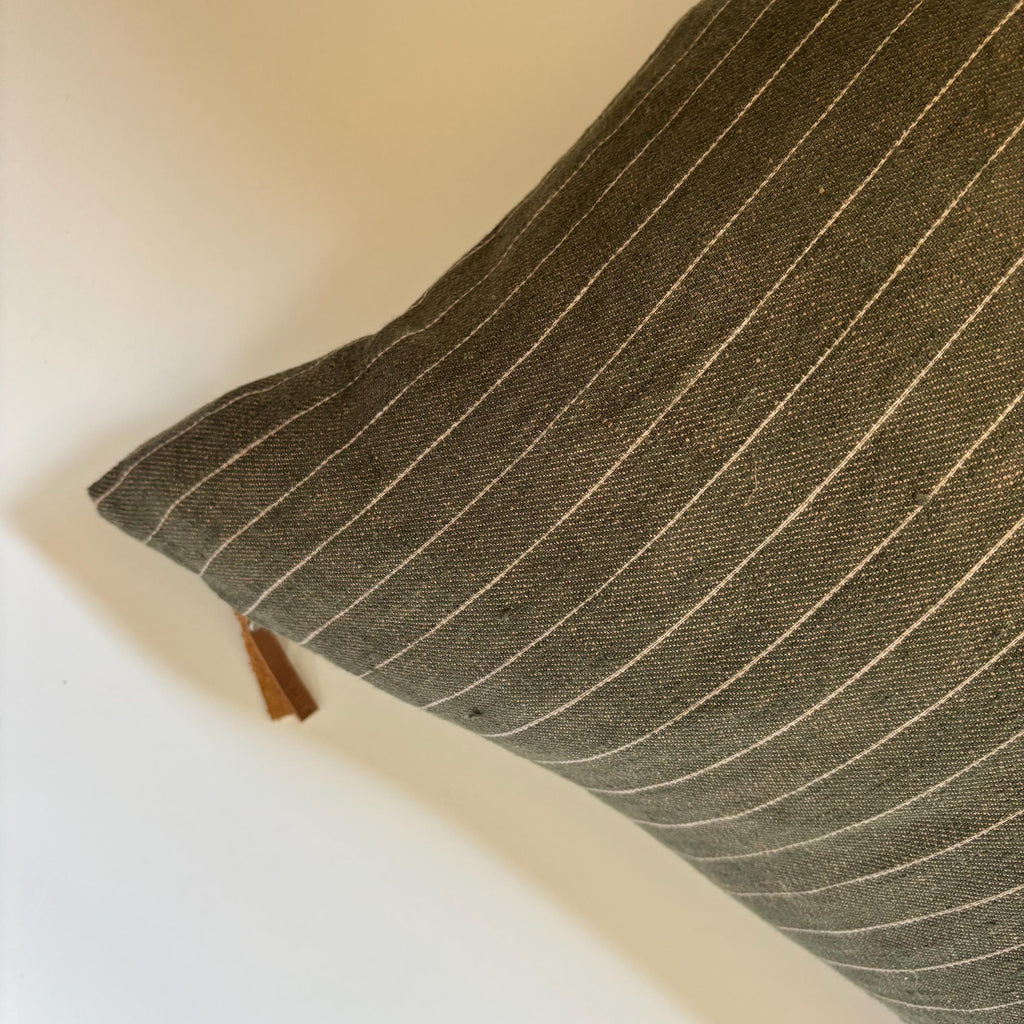 Striped Linen Pillow Cover: Green and tan with Leather Zipper Pull housewarming gift 18”20”22”24” 100 percent linen
