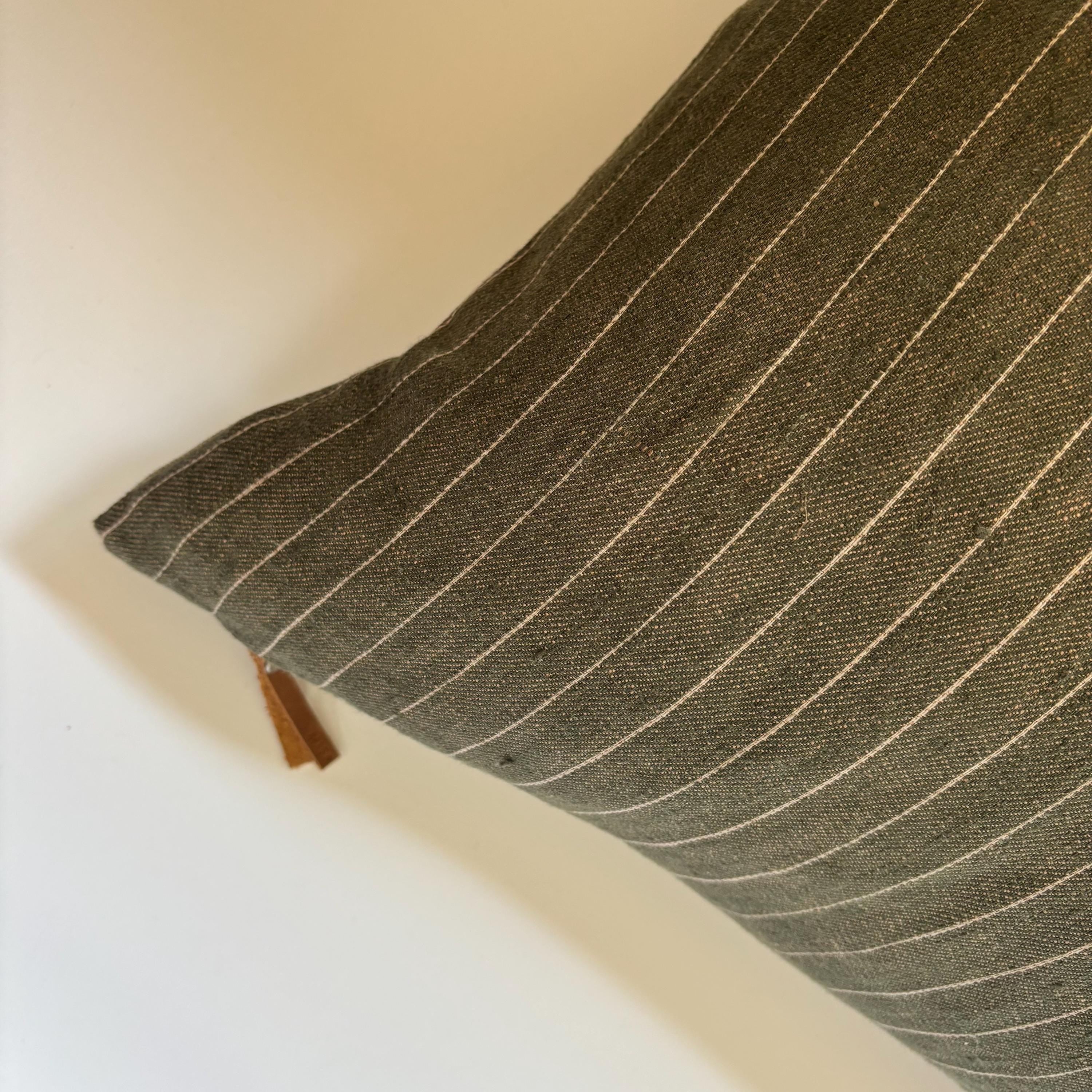 Striped Linen Pillow Cover: Green and tan with Leather Zipper Pull housewarming gift 18”20”22”24” 100 percent linen
