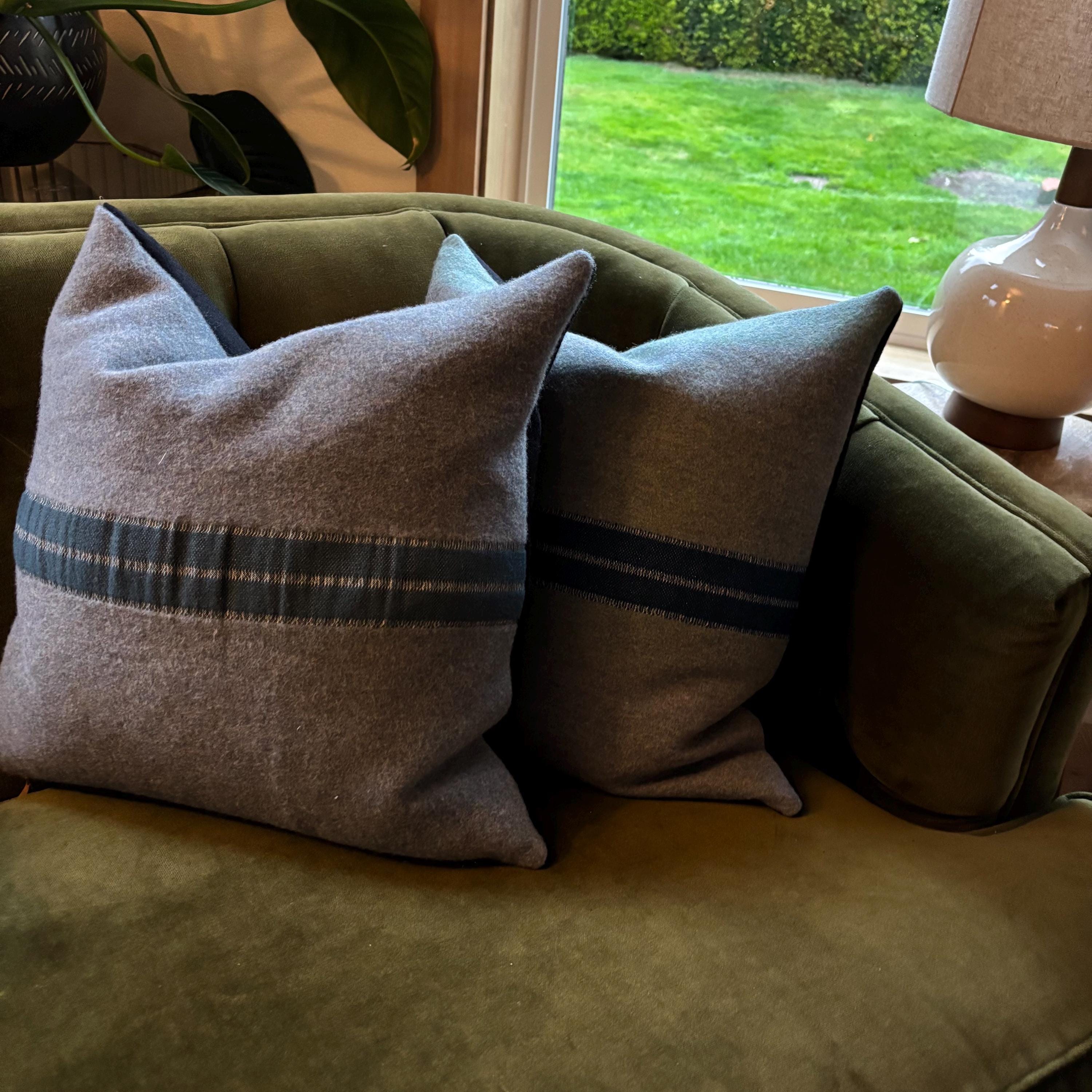 Blue pillow with blue stripe wool 18x18  exposed zipper blue striped pillow housewarming gift