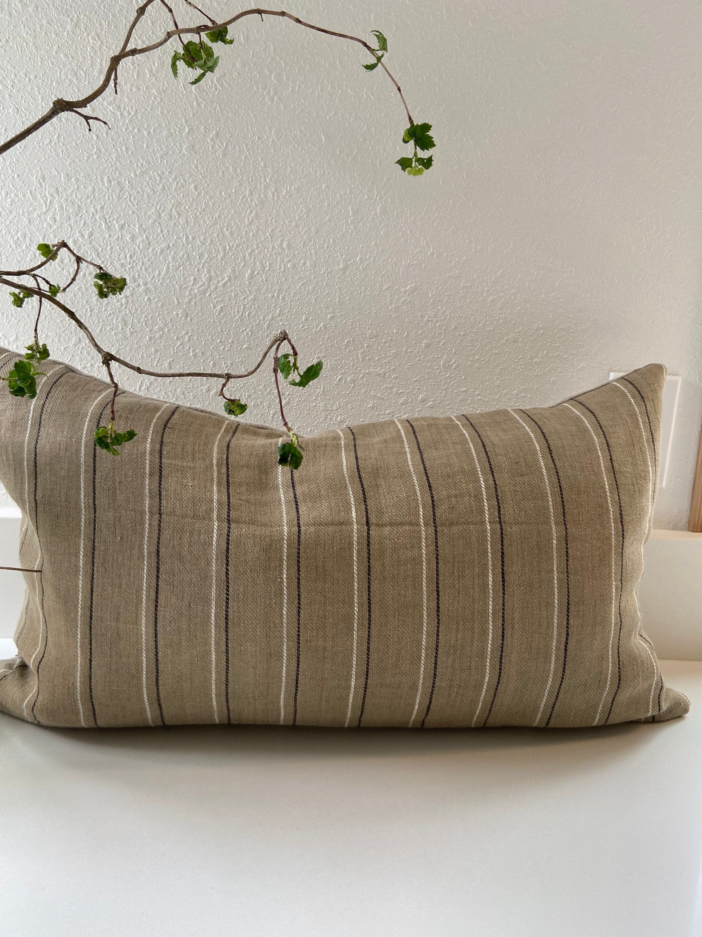 Tan white black striped tan linen lumbar pillow cover exposed zipper-leather pull 14x24 20"22"24" high quality neutral Linen backing