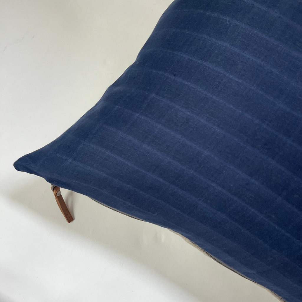 Navy Checked Linen Pillow Cover: Exposed Zipper, Leather Pull