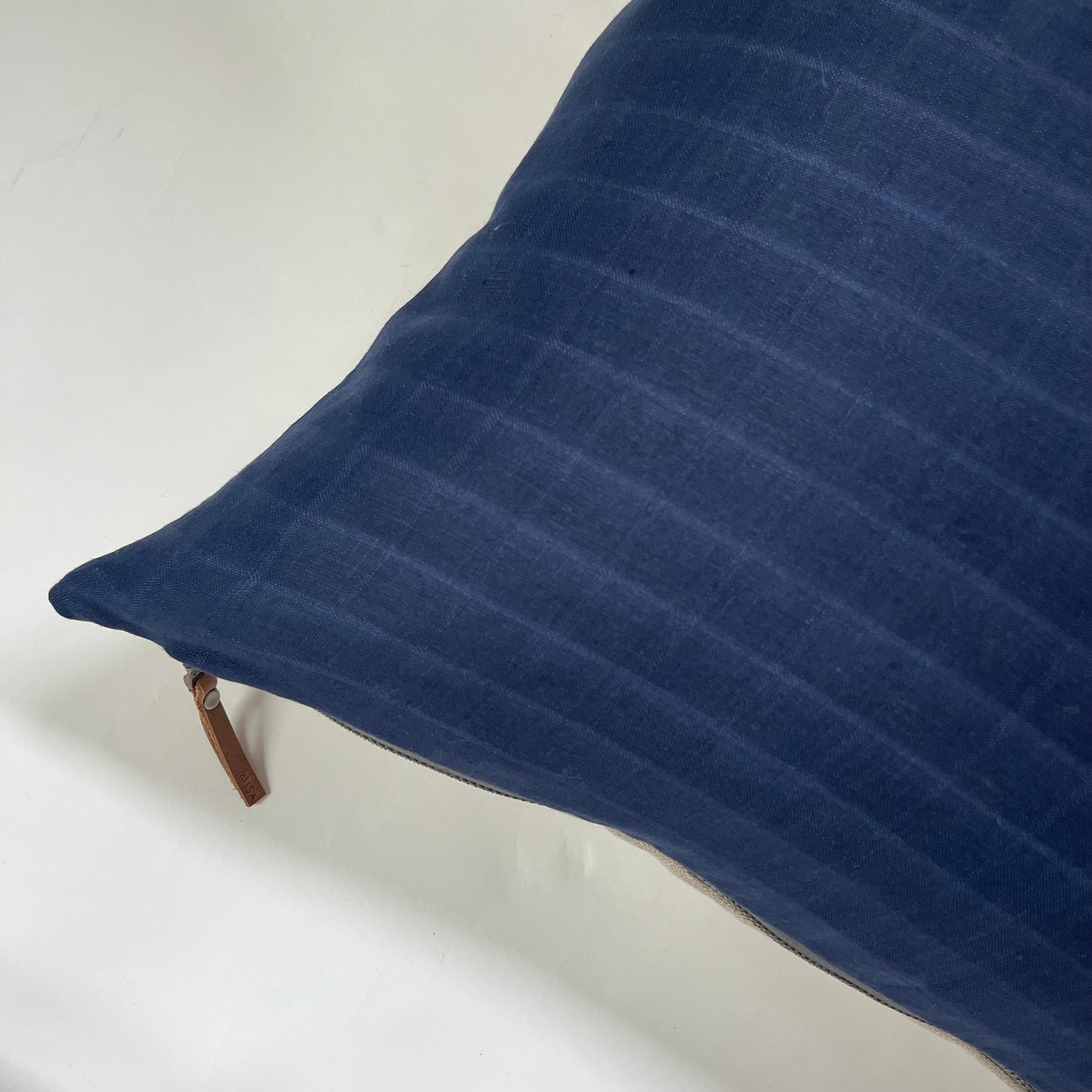 Navy Checked Linen Pillow Cover: Exposed Zipper, Leather Pull