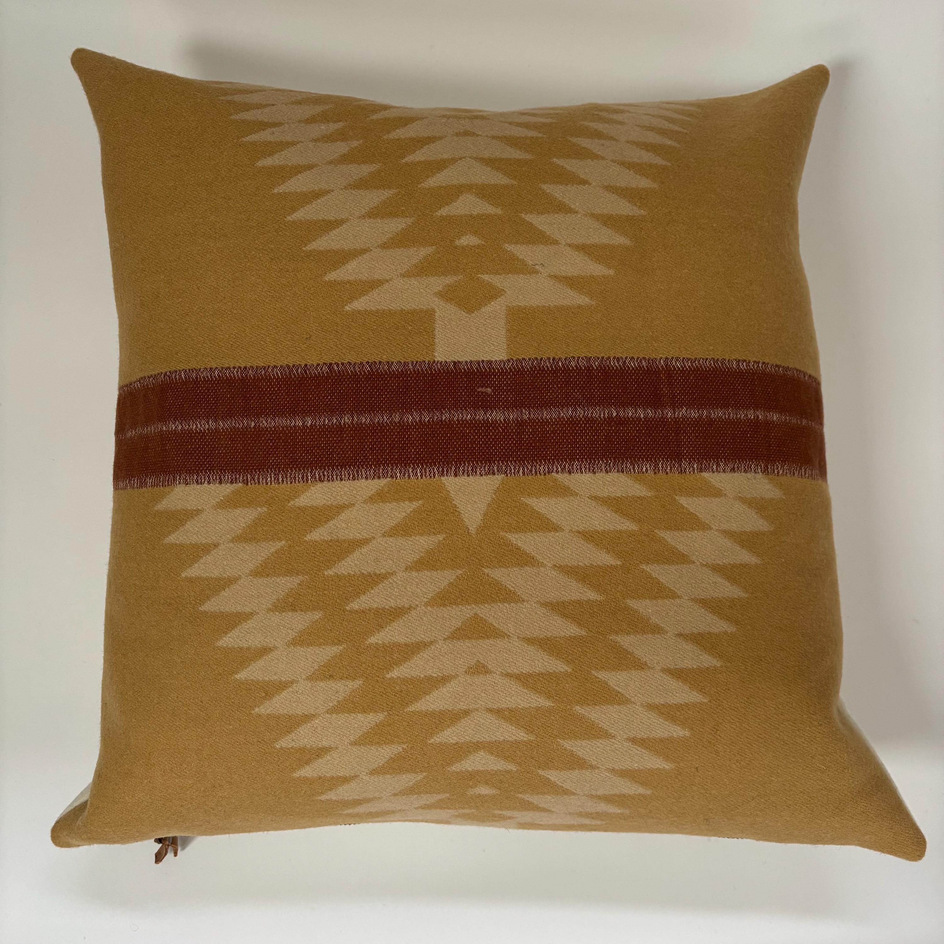 Wool Pillow Cover: Aztec Southwestern Design, Rust and yellow Leather Pull (18x18”)