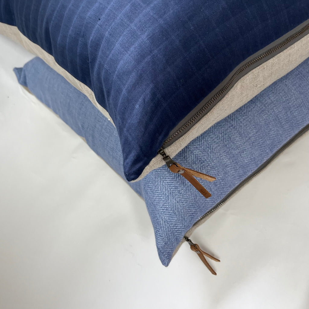 Navy Checked Linen Pillow Cover: Exposed Zipper, Leather Pull