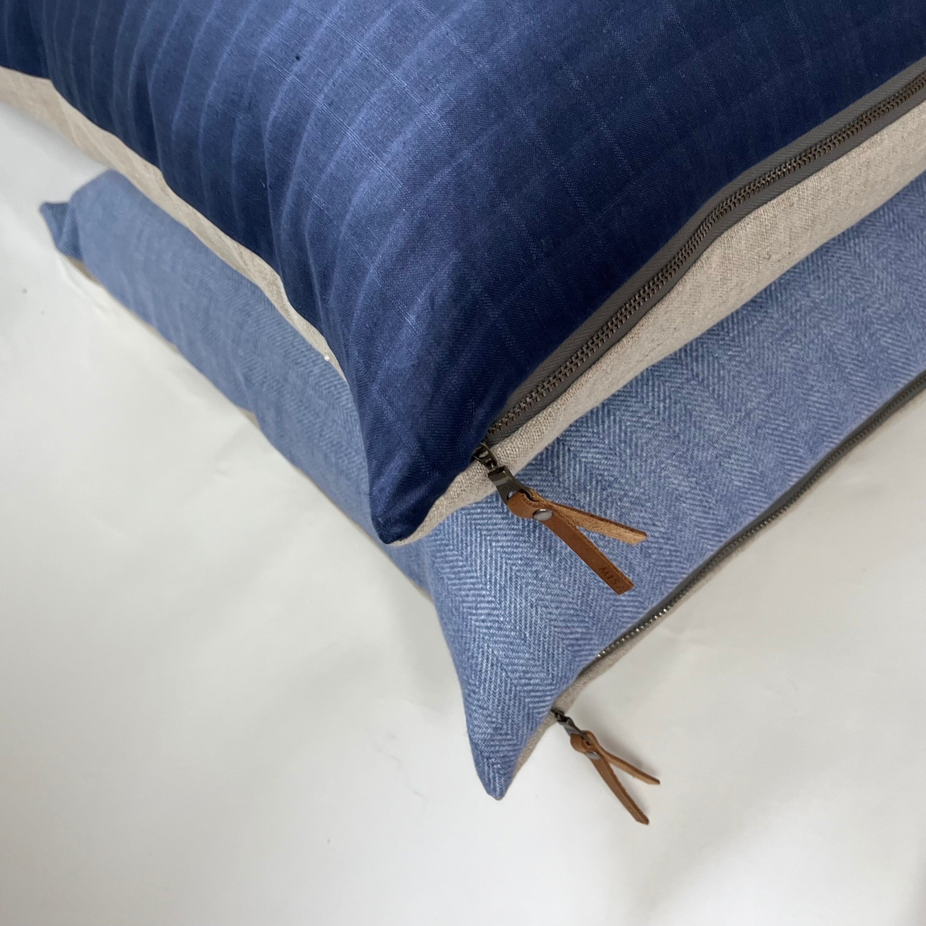 Navy Checked Linen Pillow Cover: Exposed Zipper, Leather Pull