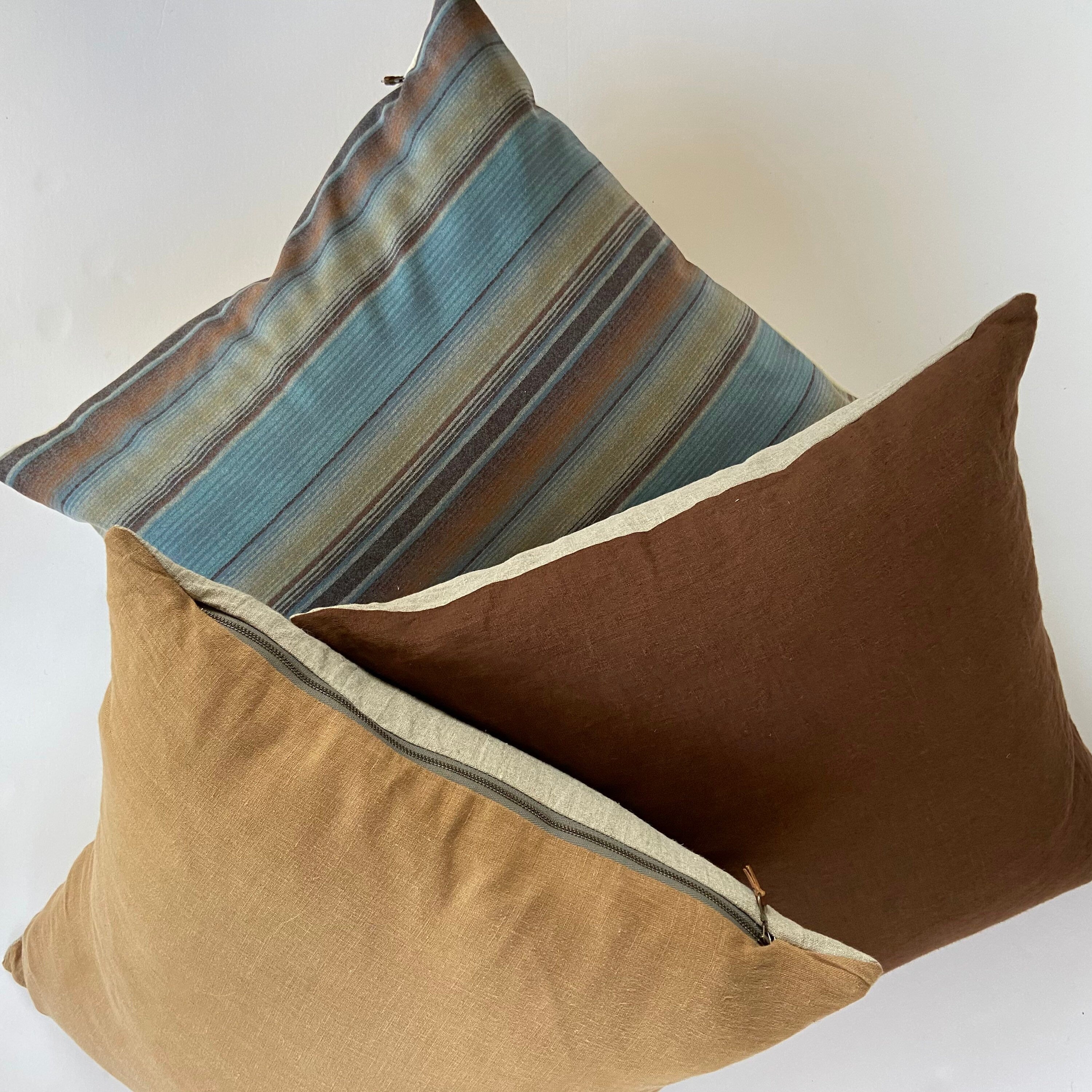 Striped wool pillow cover blues browns handmade with exposed zipper-leather pull 20x20 14x24 Handcrafted by misa