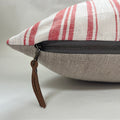 Red Striped Linen Pillow Cover: Exposed Zipper, Leather Pull (18x18)