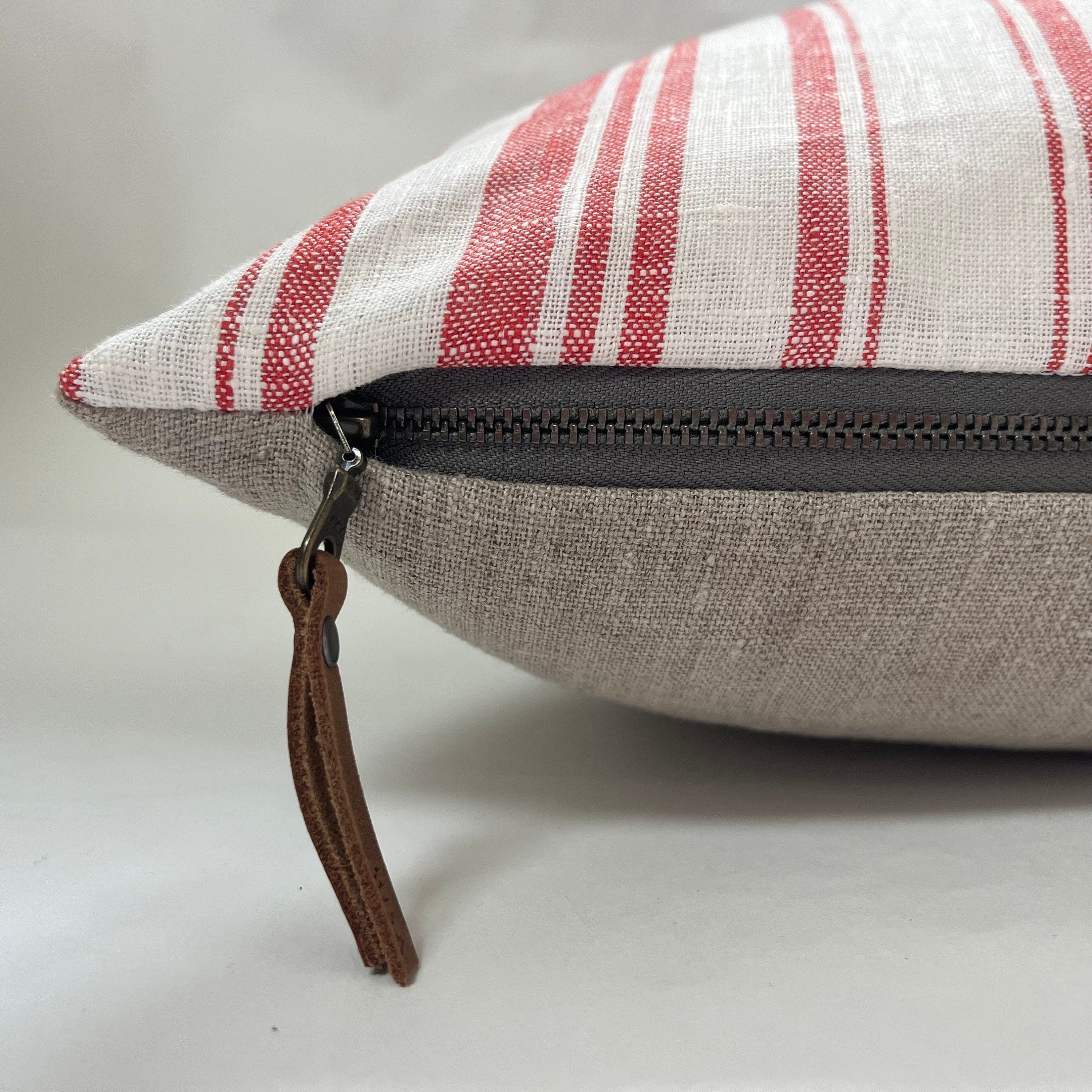 Red Striped Linen Pillow Cover: Exposed Zipper, Leather Pull (18x18)