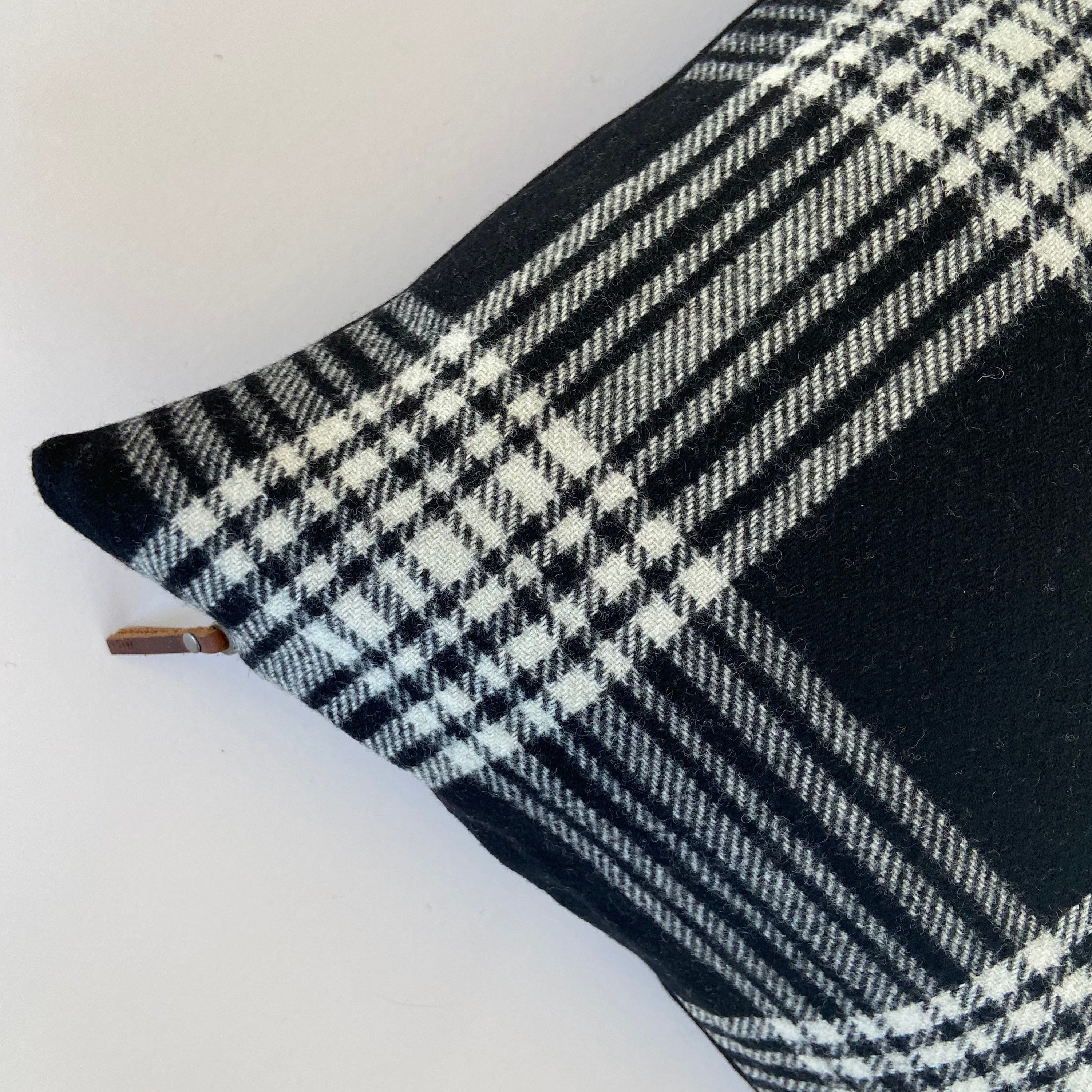 Black and white plaid wool pillow cover exposed zipper-leather pull 24x24 22x22 20x20 14x24 handmade