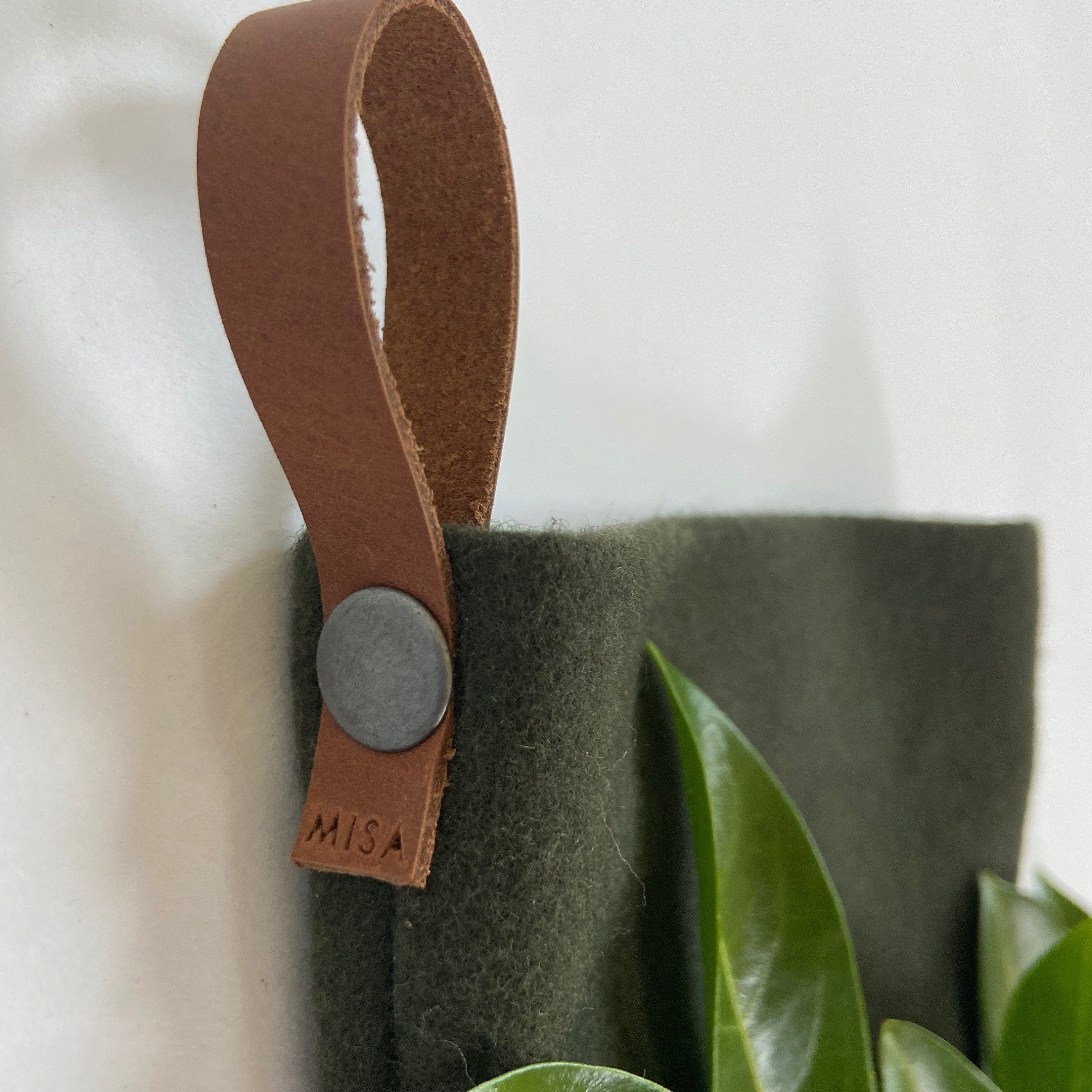 Christmas stocking green wool baby puppy olive stocking with leather hanging tabs handmade  many available