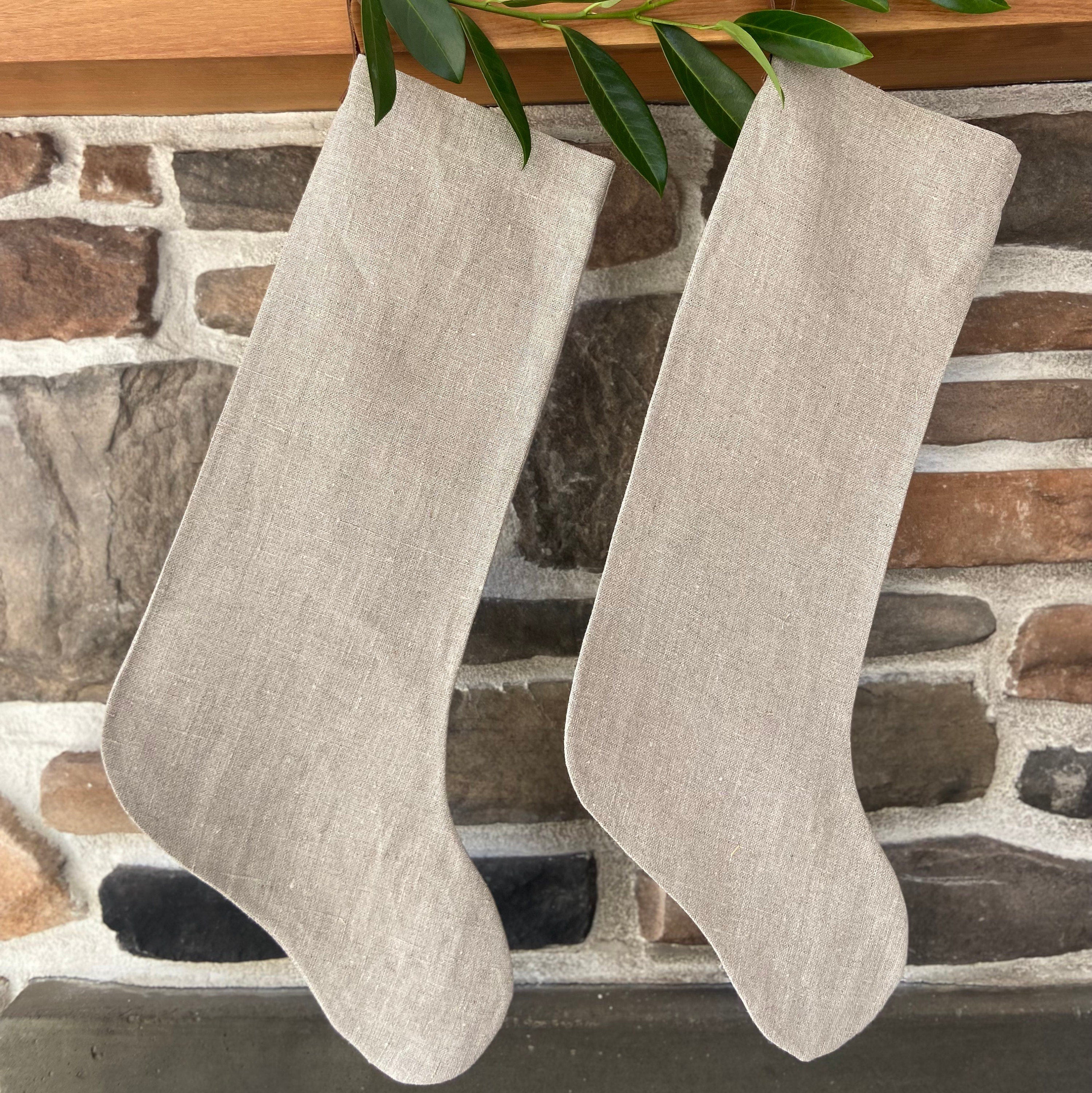 Christmas stocking natural linen tan neutral linen leather hanging tabs handmade and hand stitched |high quality many available
