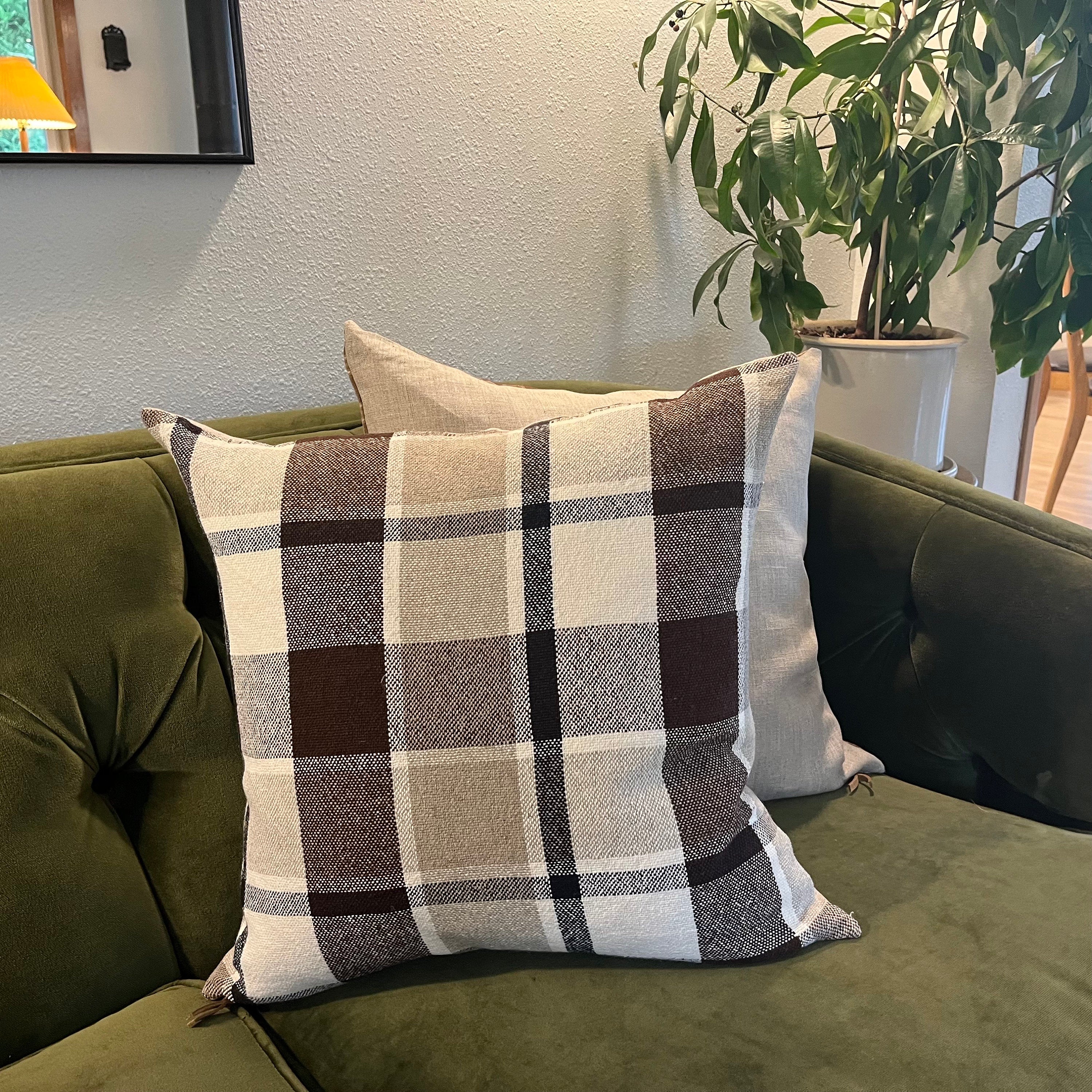 Brown Plaid Linen Pillow Cover: Exposed Zipper, Leather Pull