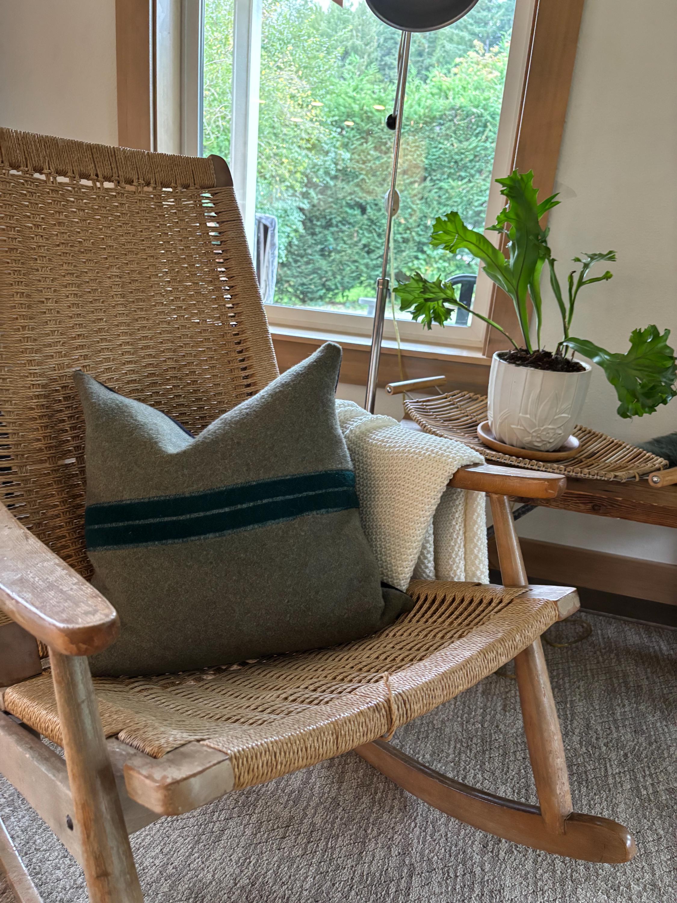 Green wool pillow: Green 18” Stripe, Leather Zipper Pull winter pillow housewarming gift