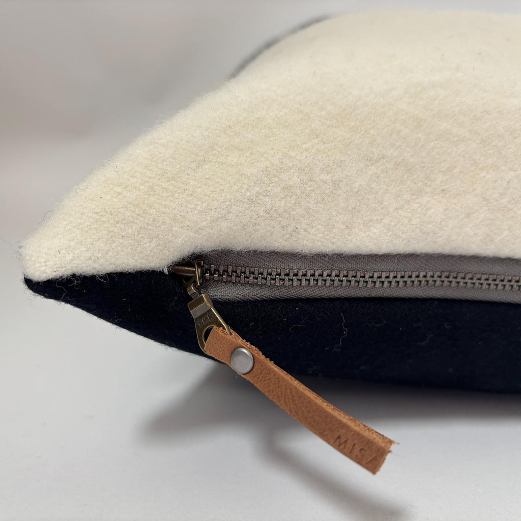 Cream & Blue Stripe wool pillow cover, Leather Zipper Pull (18x18)