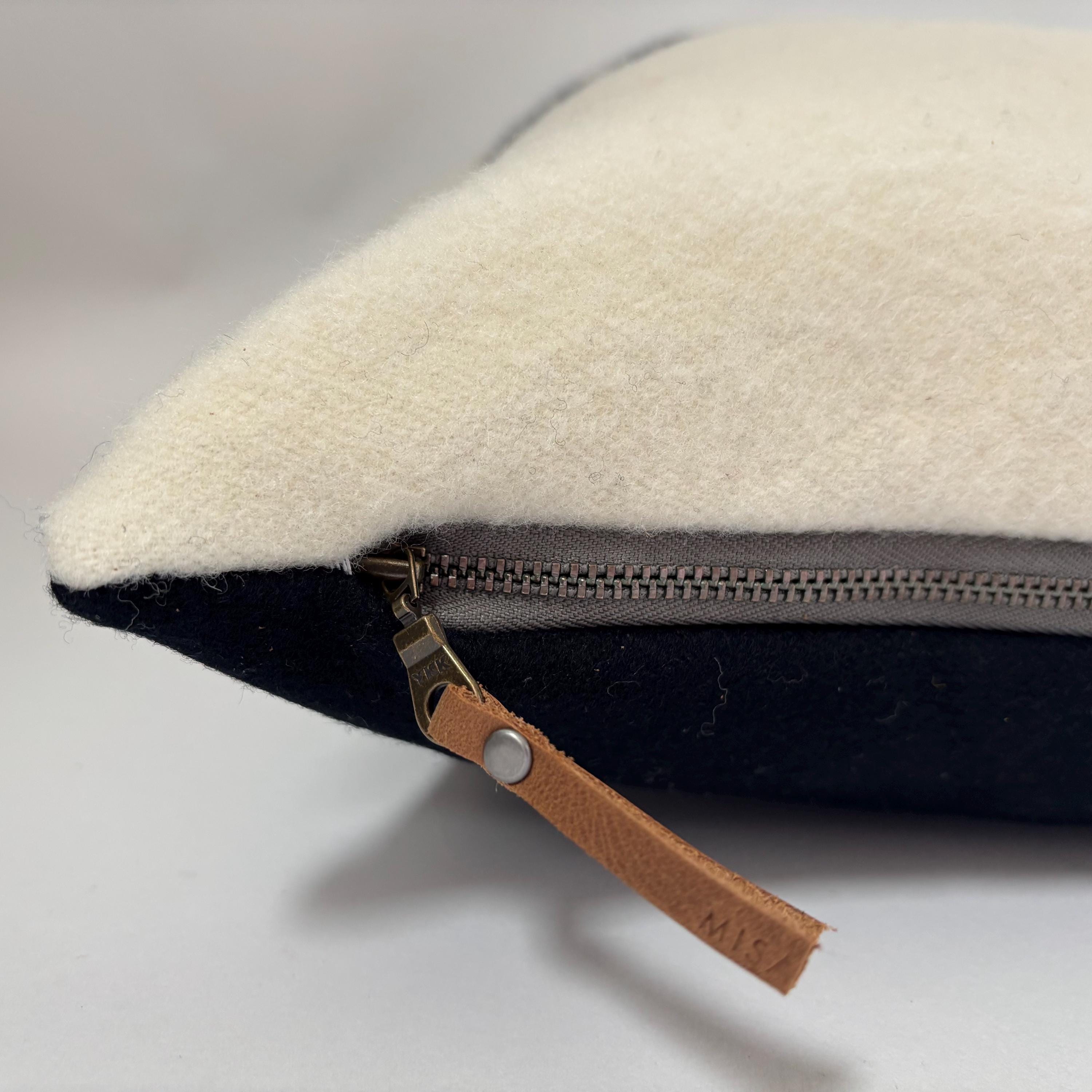 Cream & Blue Stripe wool pillow cover, Leather Zipper Pull (18x18)