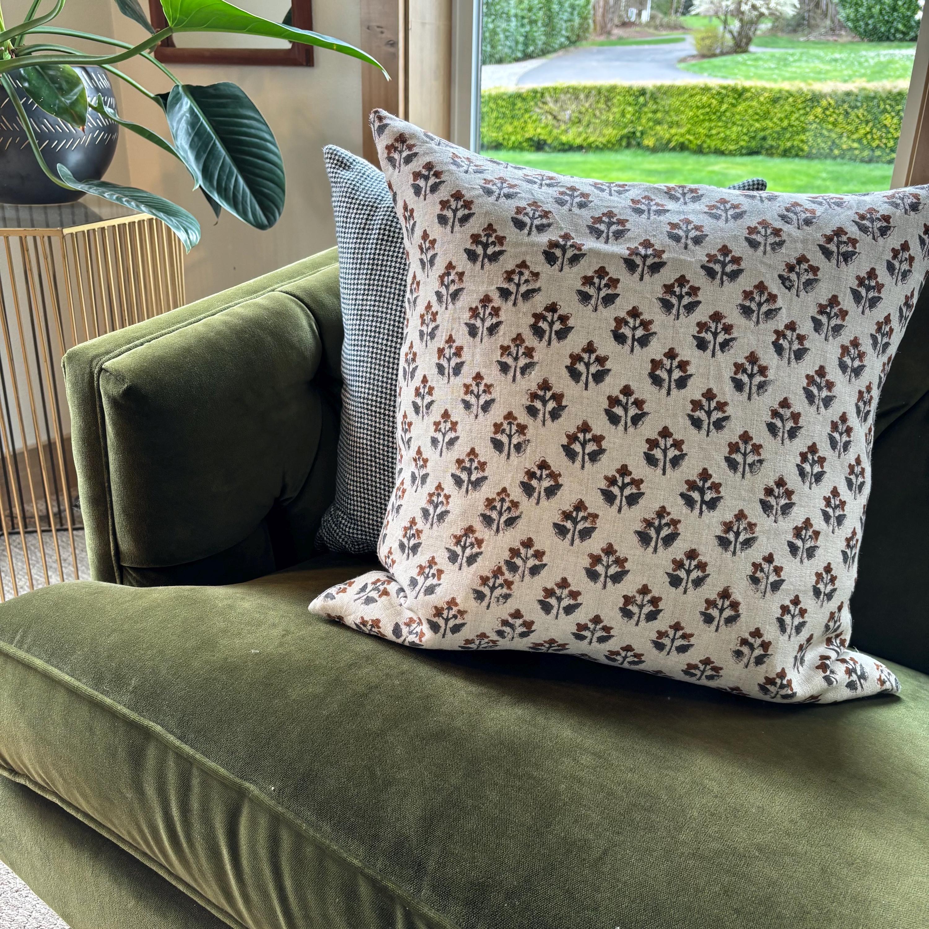 Floral Linen Pillow Cover: Gray Brown Print, Leather Zipper Pull