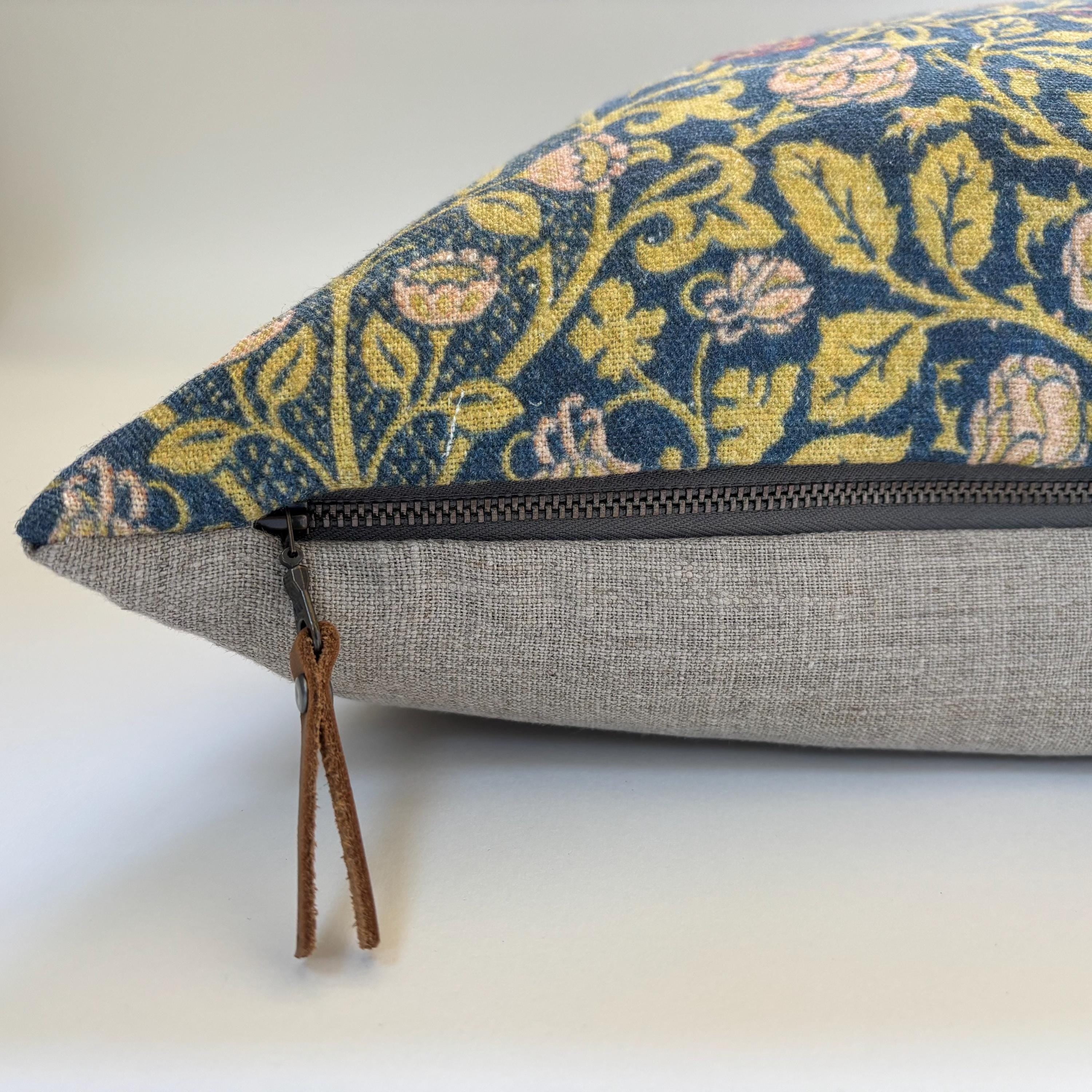 William Morris Floral Linen Pillow Cover: Blue & Yellow with Leather Pull