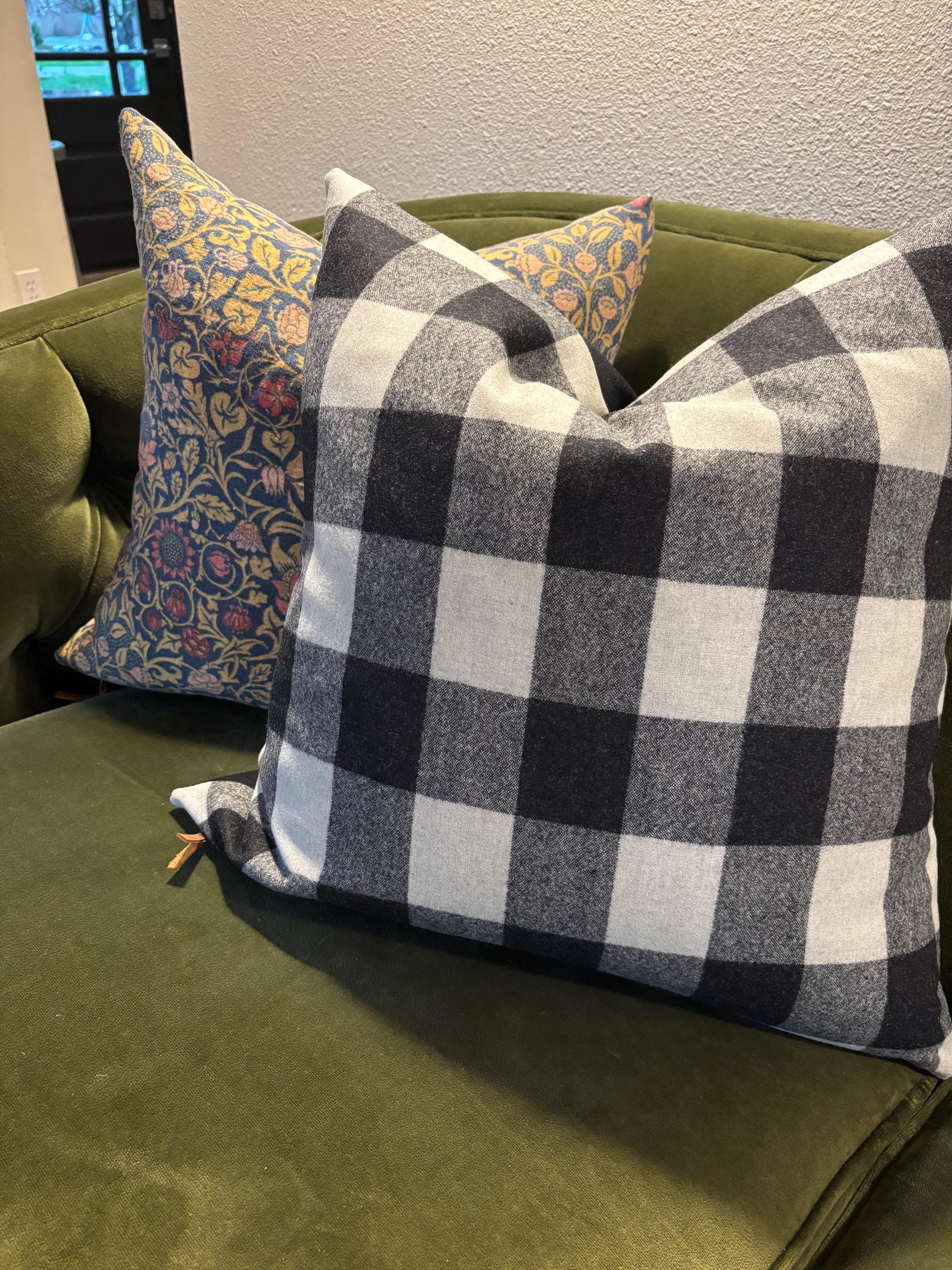 Wool Pillow Cover: Black Cream Plaid Checkered Throw Pillow