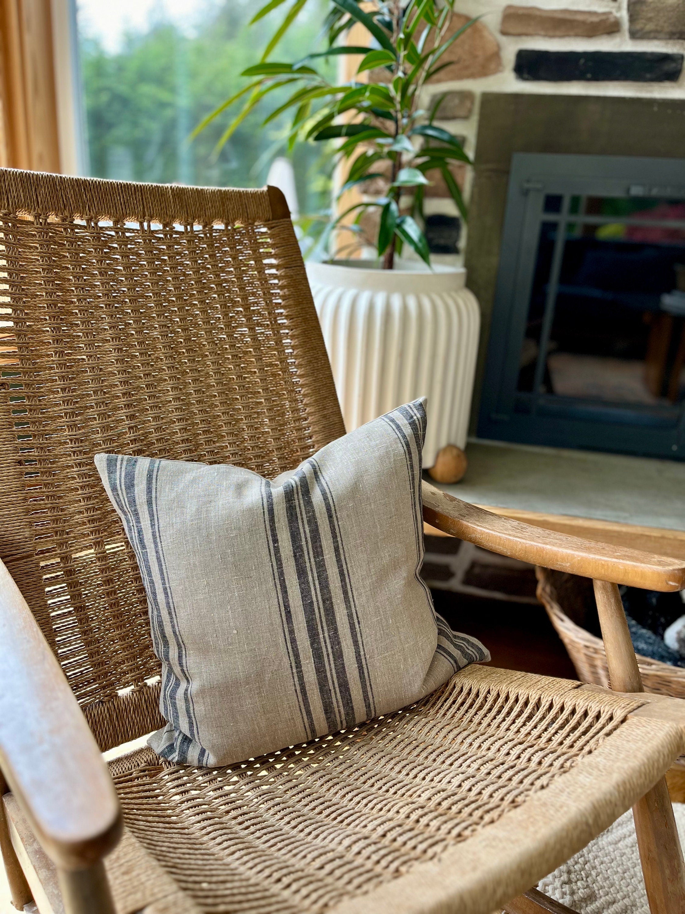 Striped Linen Pillow Cover: Charcoal Gray, Leather Pull - 18x18