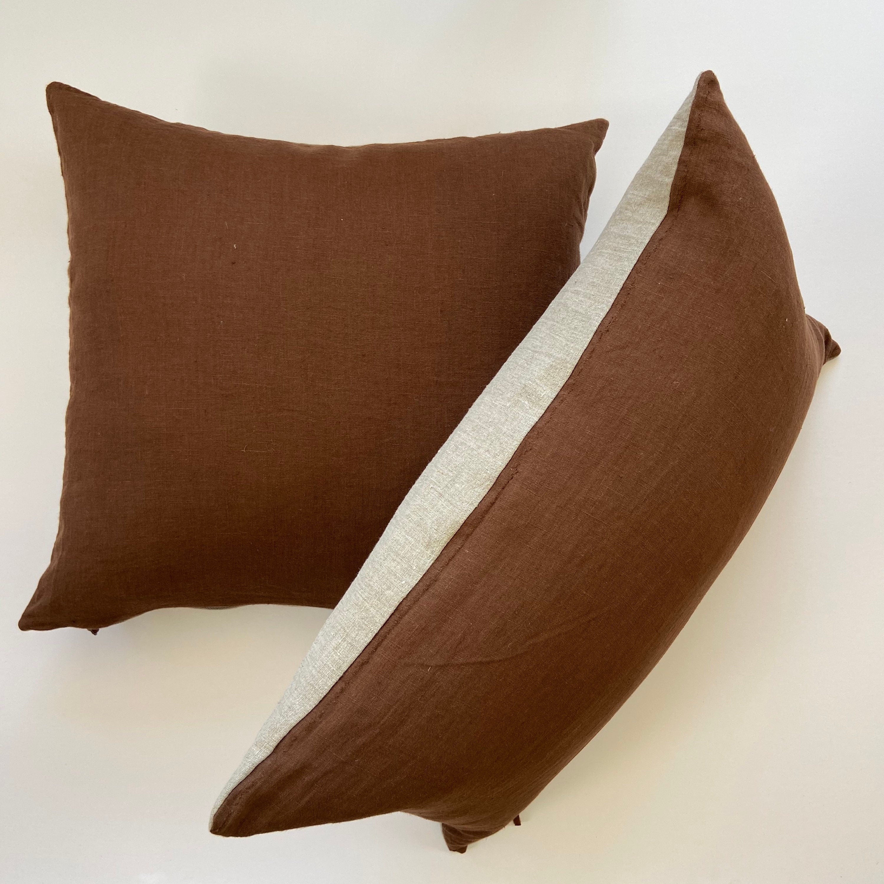 Linen pillow cover brown pillow with natural linen backing made with exposed zipper and leather pull 20” 22"24"14x24” housewarming gift