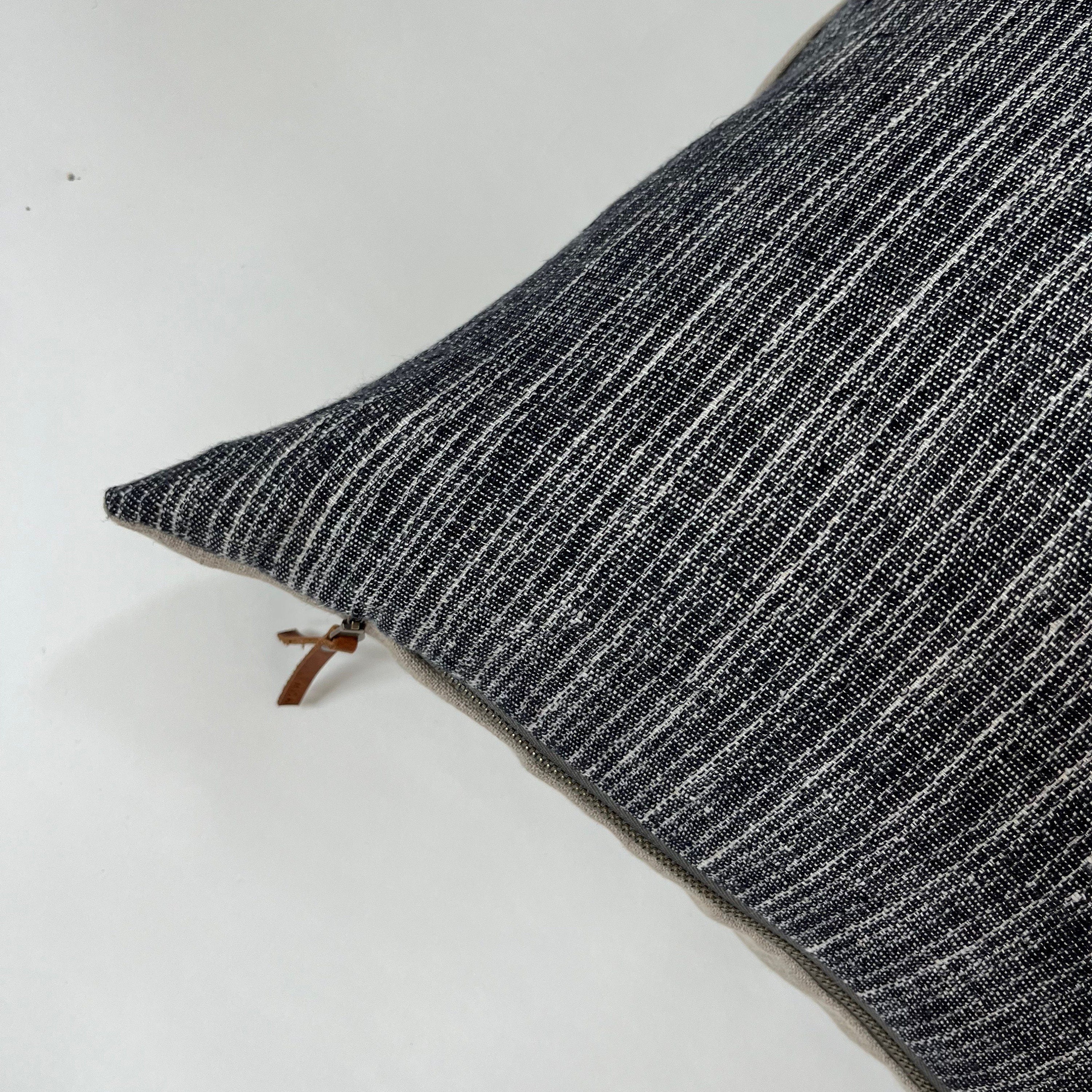 Blue striped linen pillow cover with a natural linen backing exposed zipper-leather pull 20”22"24”14x24”  100% linen housewarming gift
