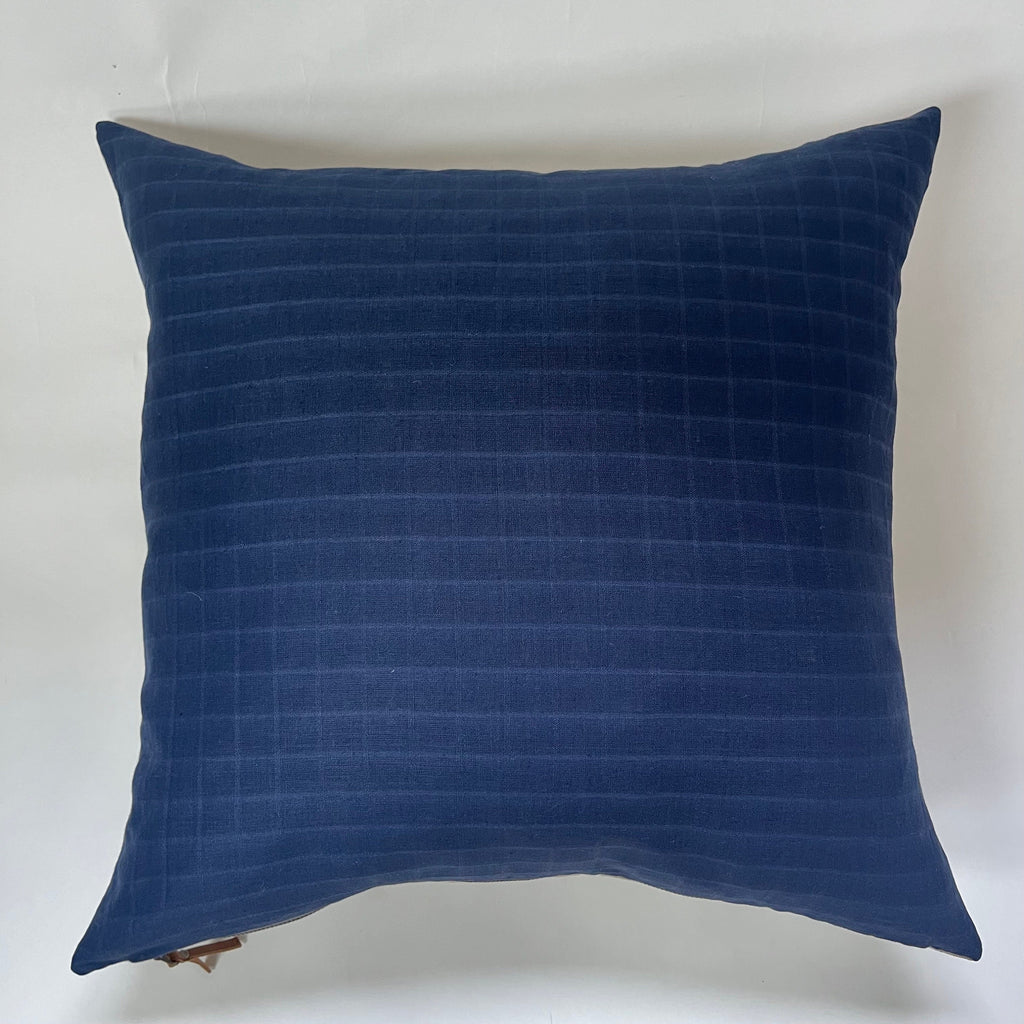 Navy Checked Linen Pillow Cover: Exposed Zipper, Leather Pull