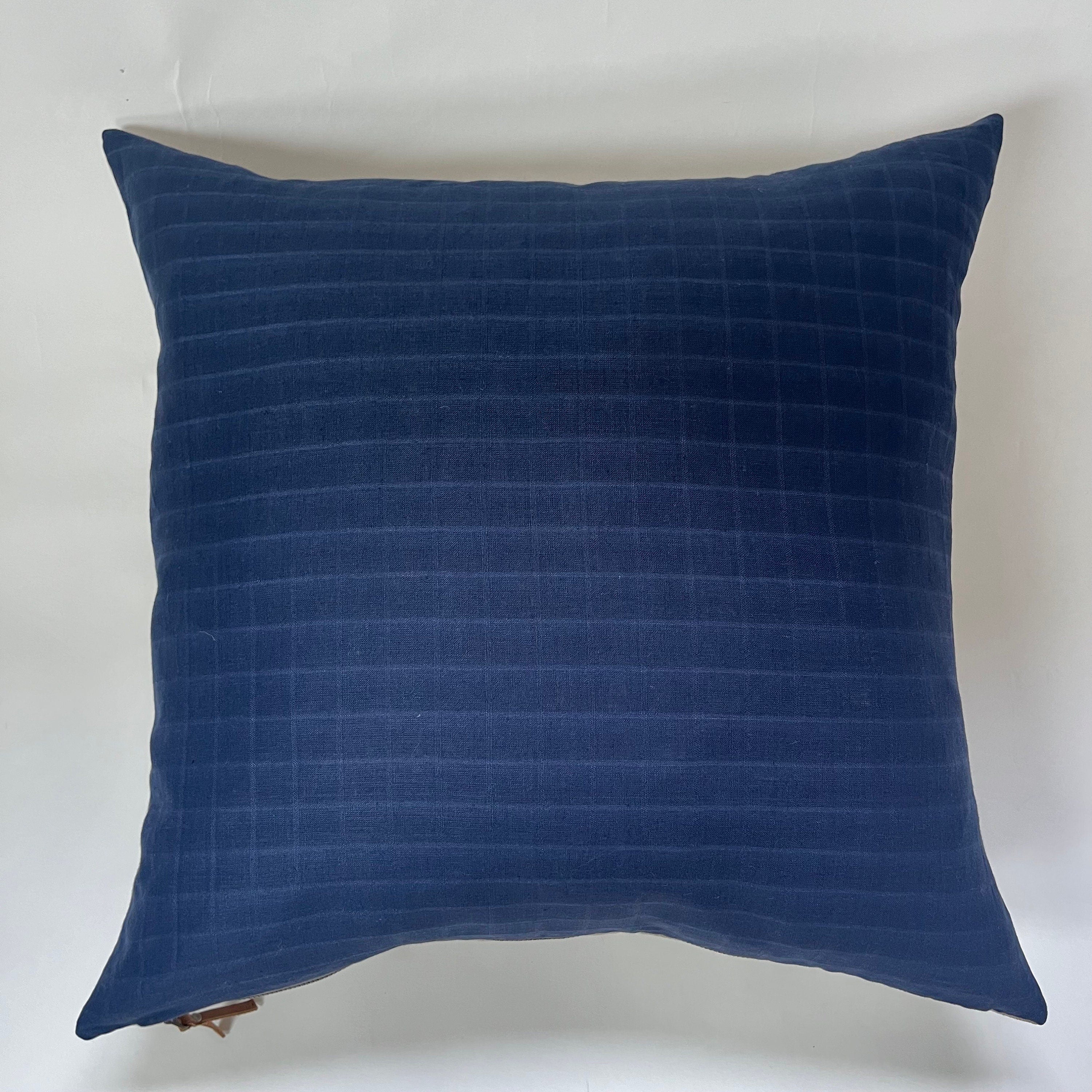 Navy Checked Linen Pillow Cover: Exposed Zipper, Leather Pull
