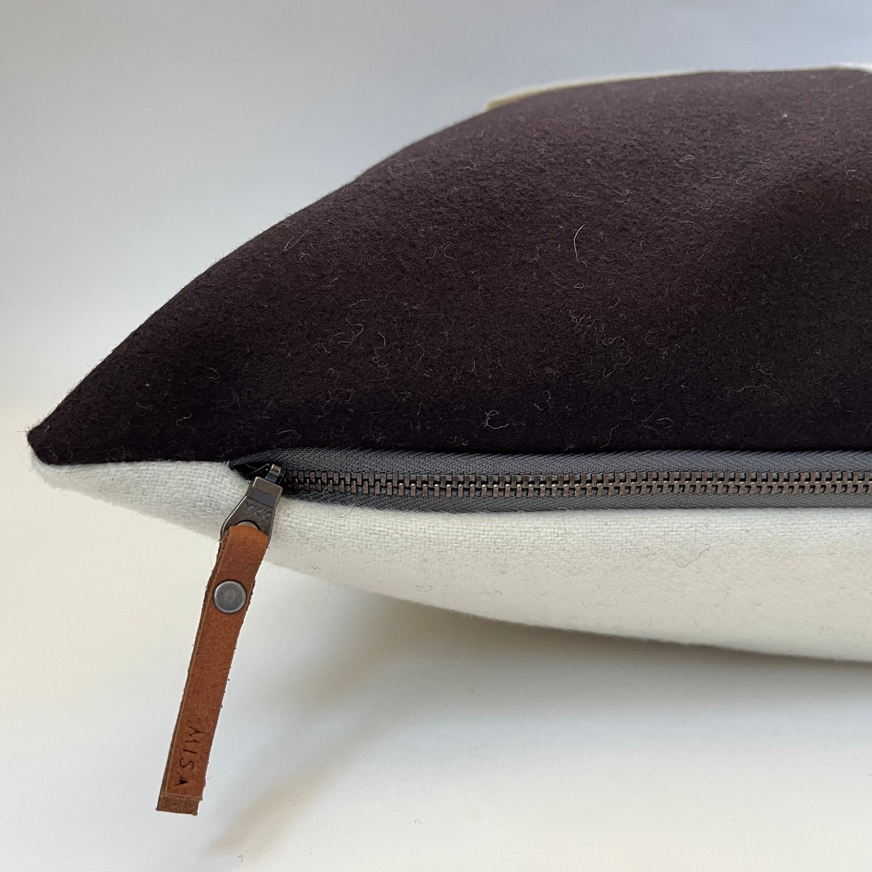 Swisscross wool pillow cover chocolate brown with cream swisscross exposed zipper-leather pull 20x20 or 24x14 handmade