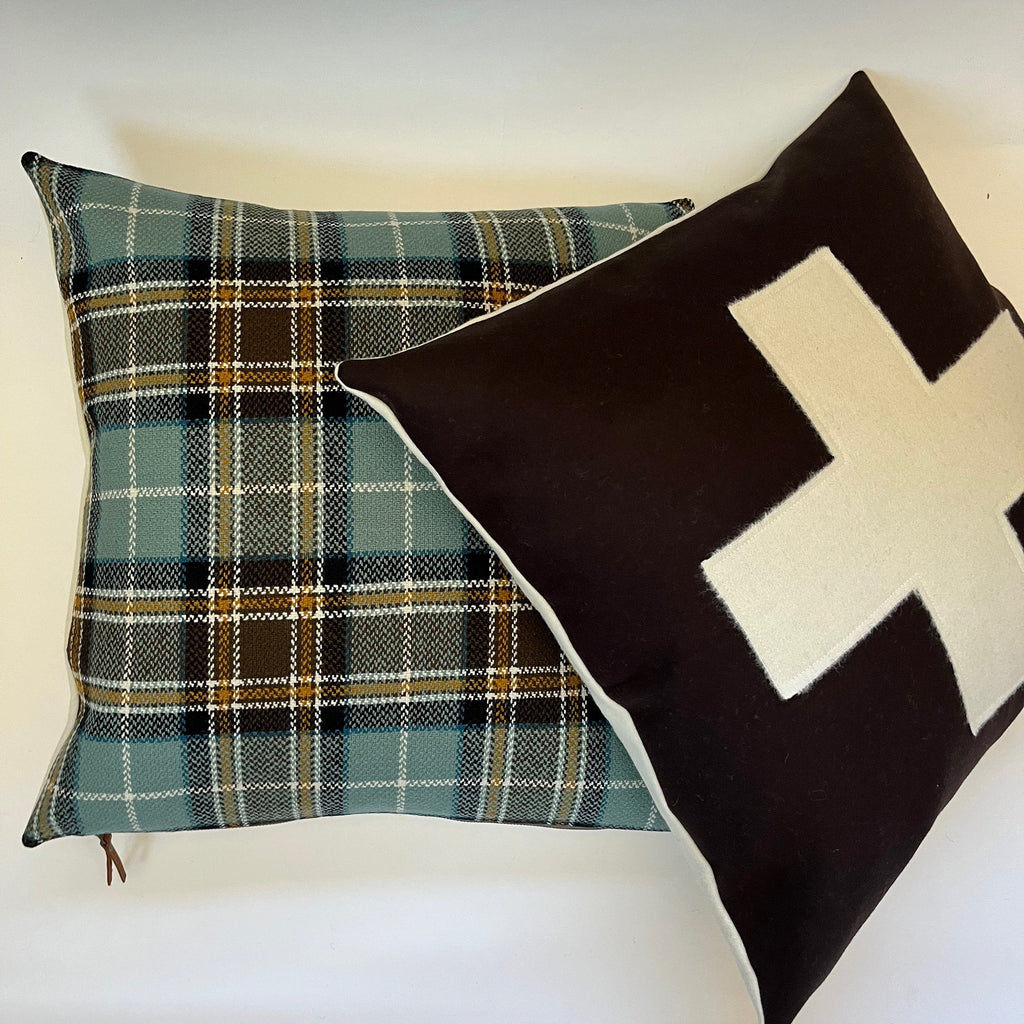 Blue black and gold plaid wool pillow cover exposed zipper-leather pull  24"22”20"14x24" handmade