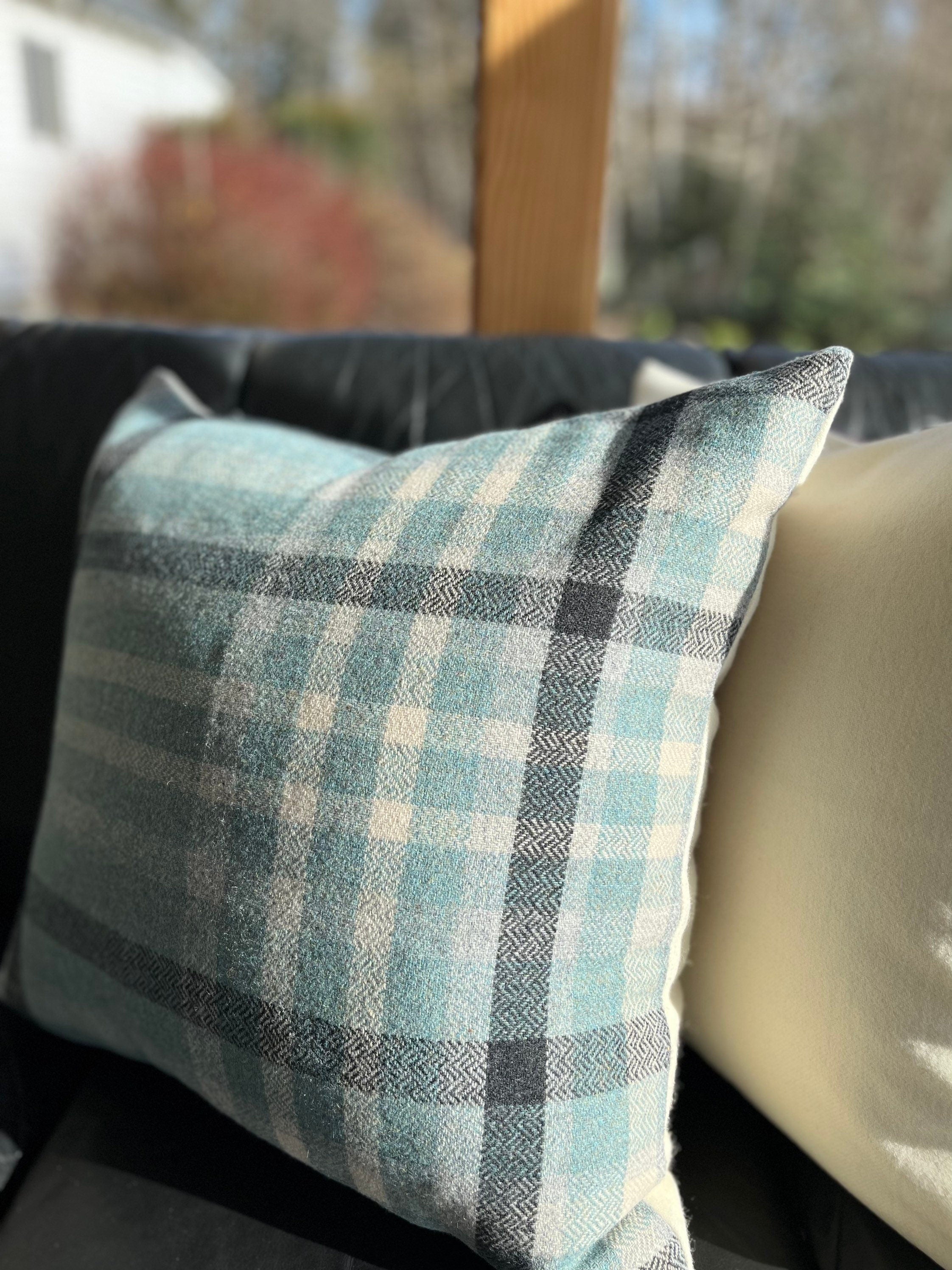 Blue black and cream plaid wool pillow cover |exposed zipper-leather pull 24"22" 20" 14x24" handmade