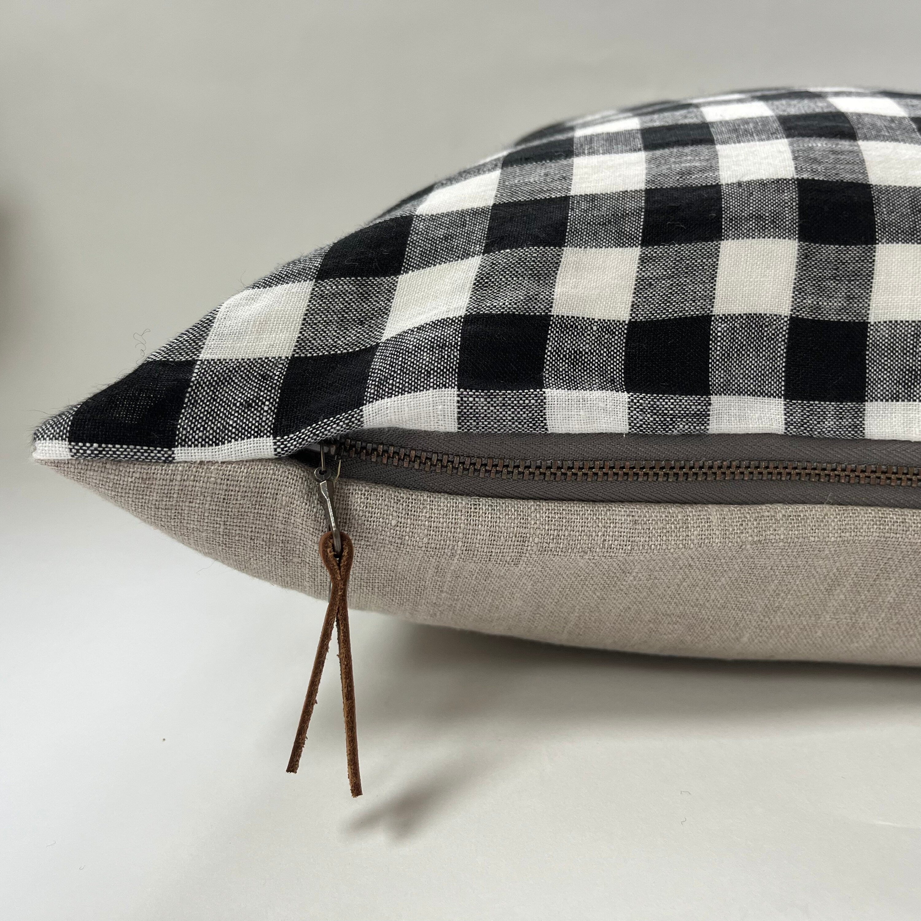Black and white gingham plaid linen pillow exposed zipper checkered pillow leather pull 24” 20” 22" 14x24” 100% linen