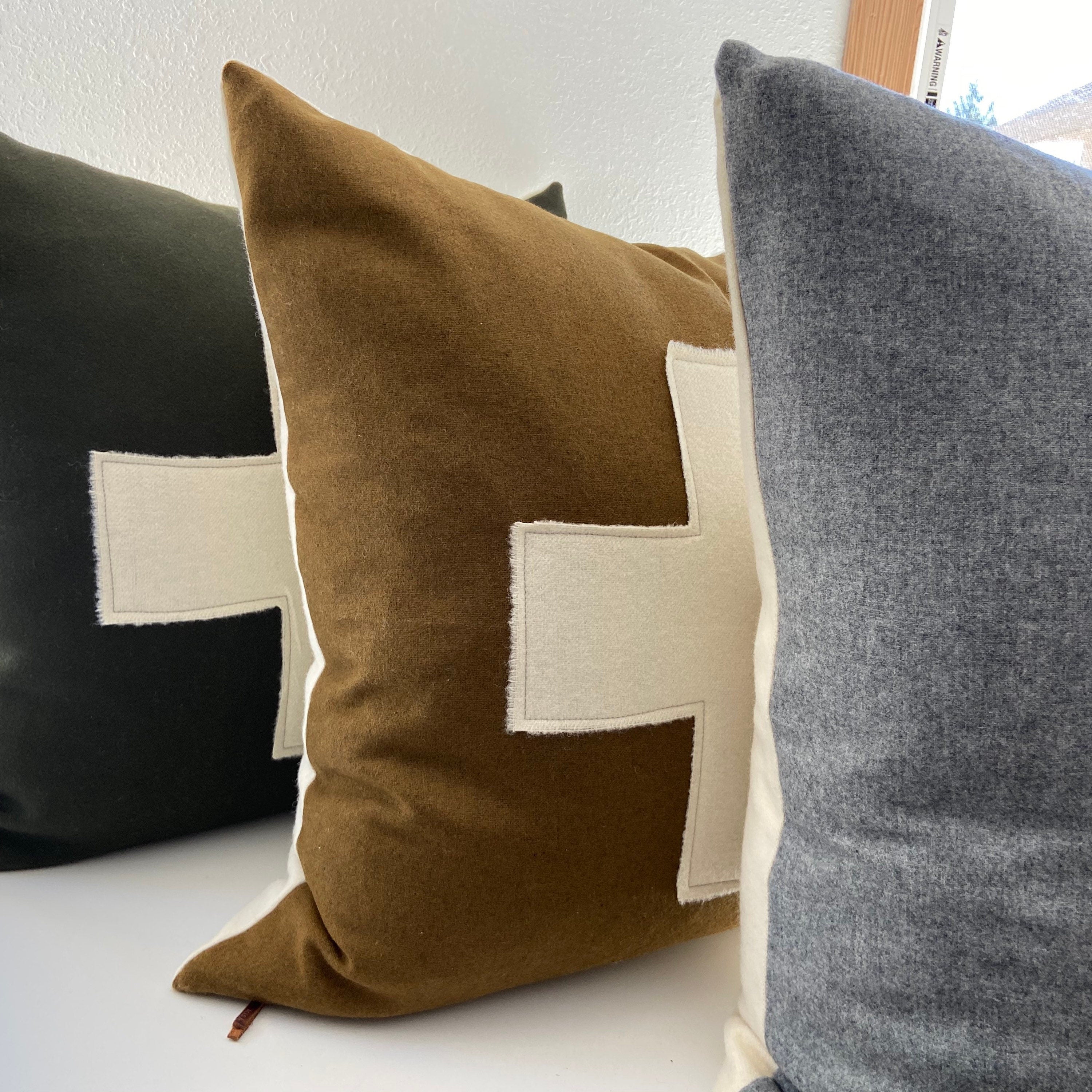 Swisscross pillow cover camel brown with cream cross exposed zipper-leather pull 20x20 or 24x14 lumbar handmade