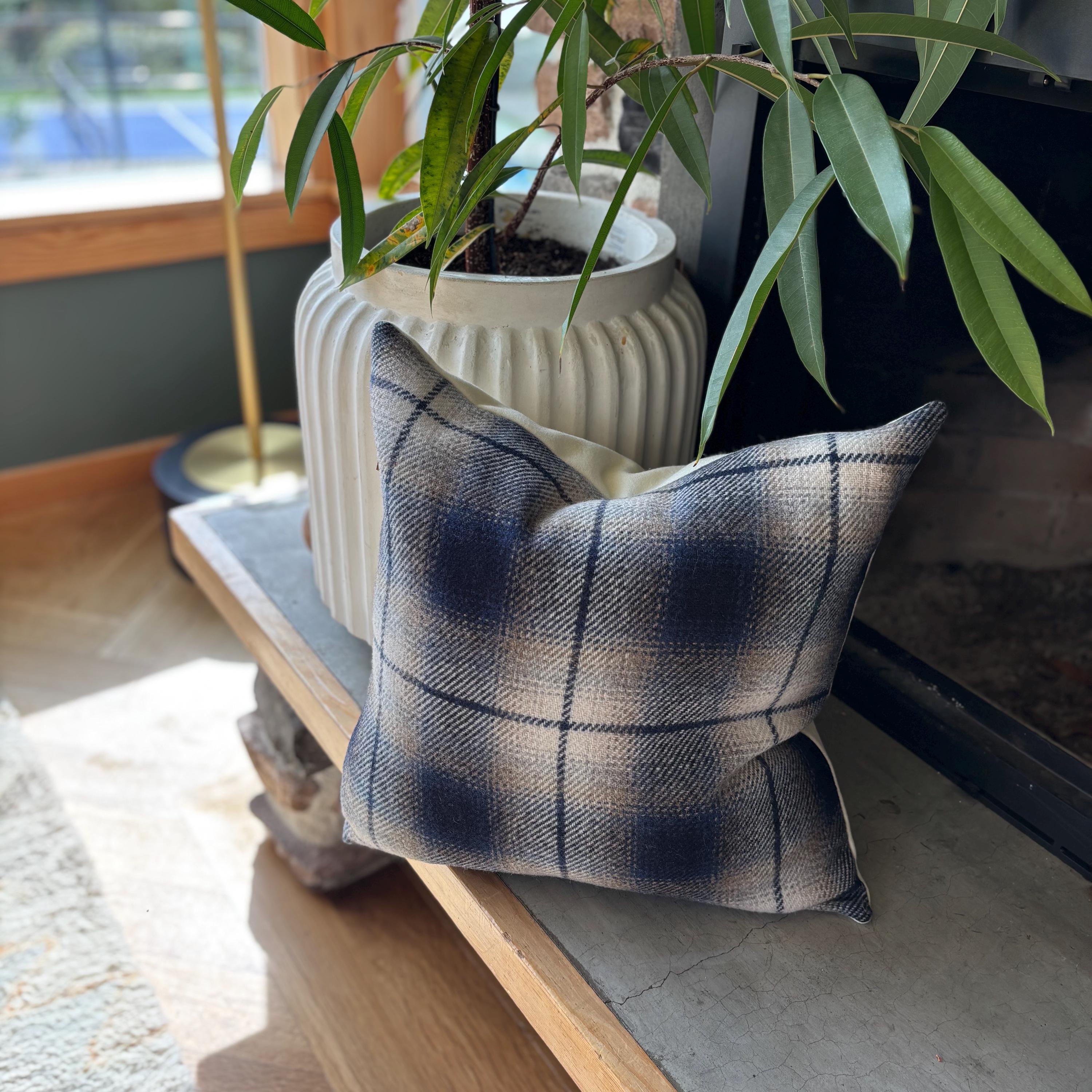 plaid pillow blue and brown wool fall pillow 18”20”22”24” 14x24 housewarming gift