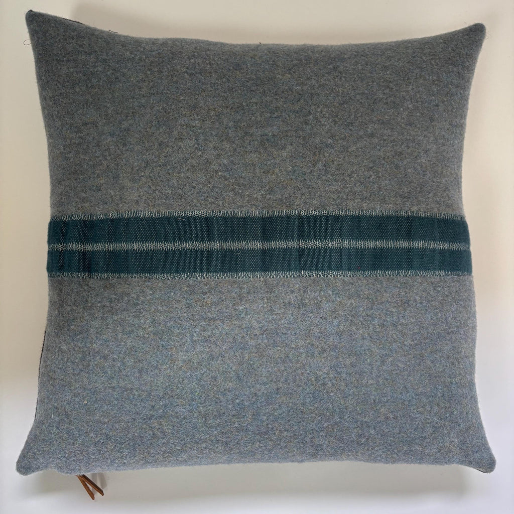 Blue striped wool pillow 18x18 exposed zipper with a leather pull housewarming winter pillow