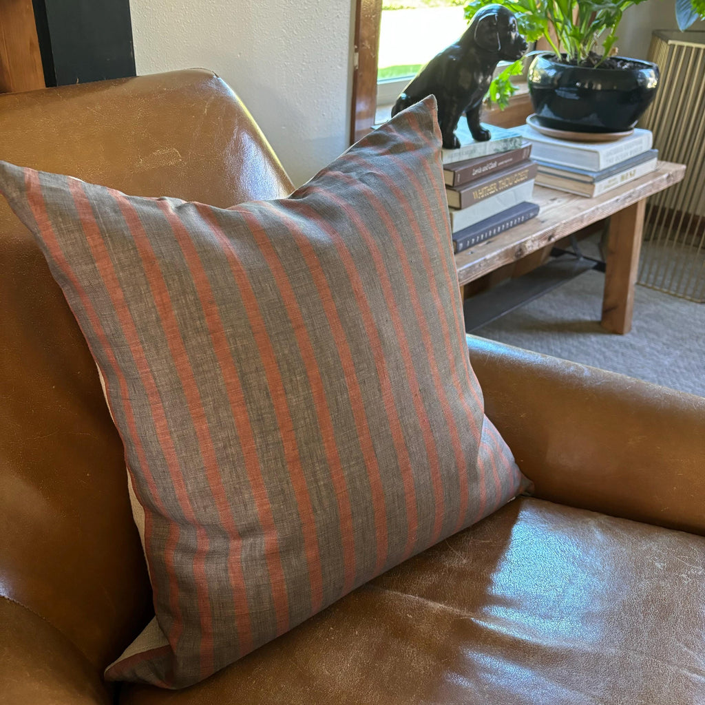 Handcrafted Striped Linen Pillow Cover: Brown Rust Accent, Exposed Zipper