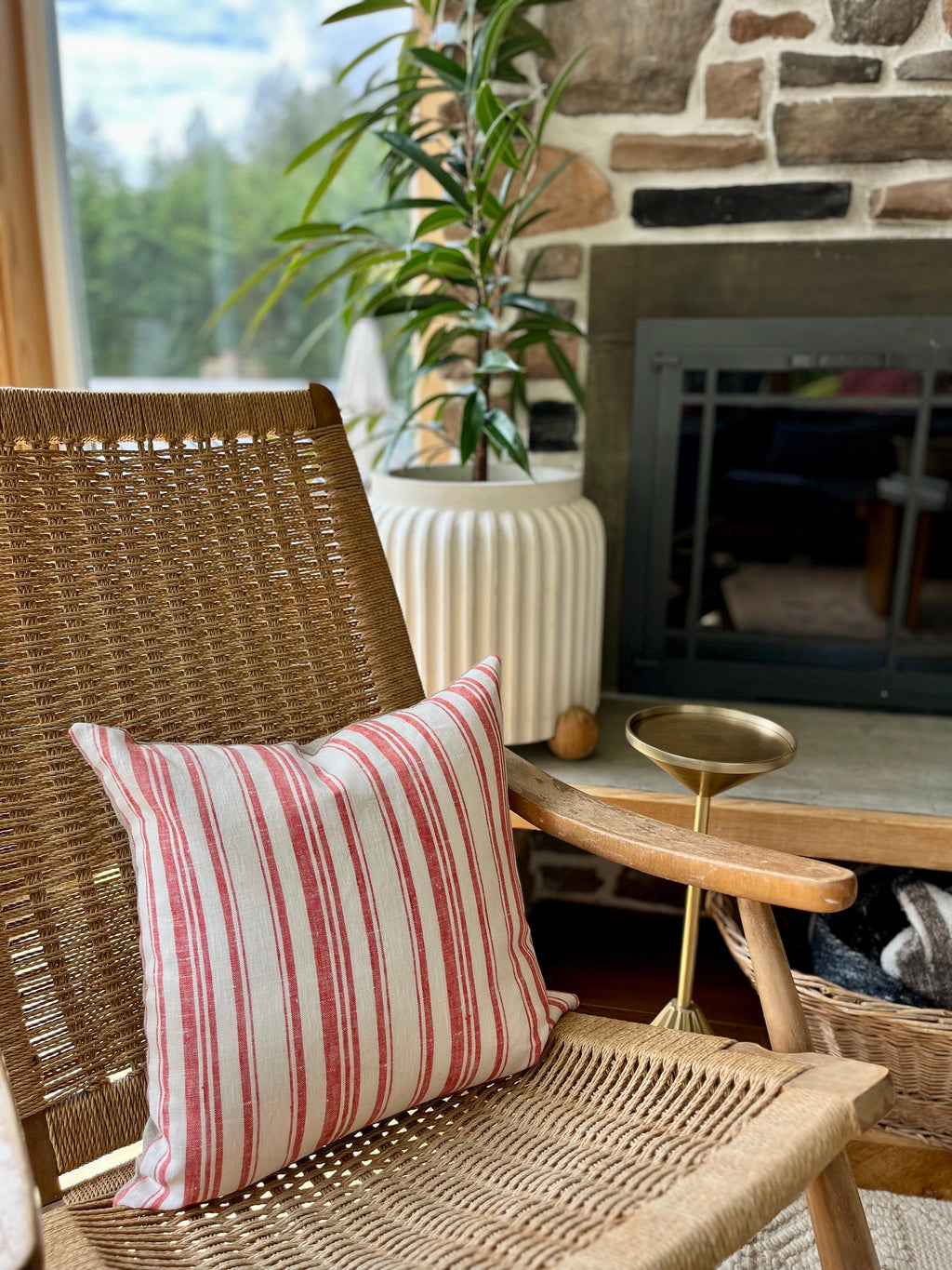 Red Striped Linen Pillow Cover: Exposed Zipper, Leather Pull (18x18)