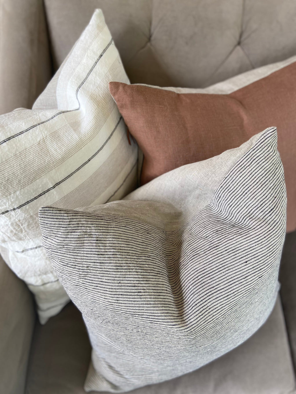 Striped Linen Pillow Cover: Black & Tan with Leather Zipper Pull