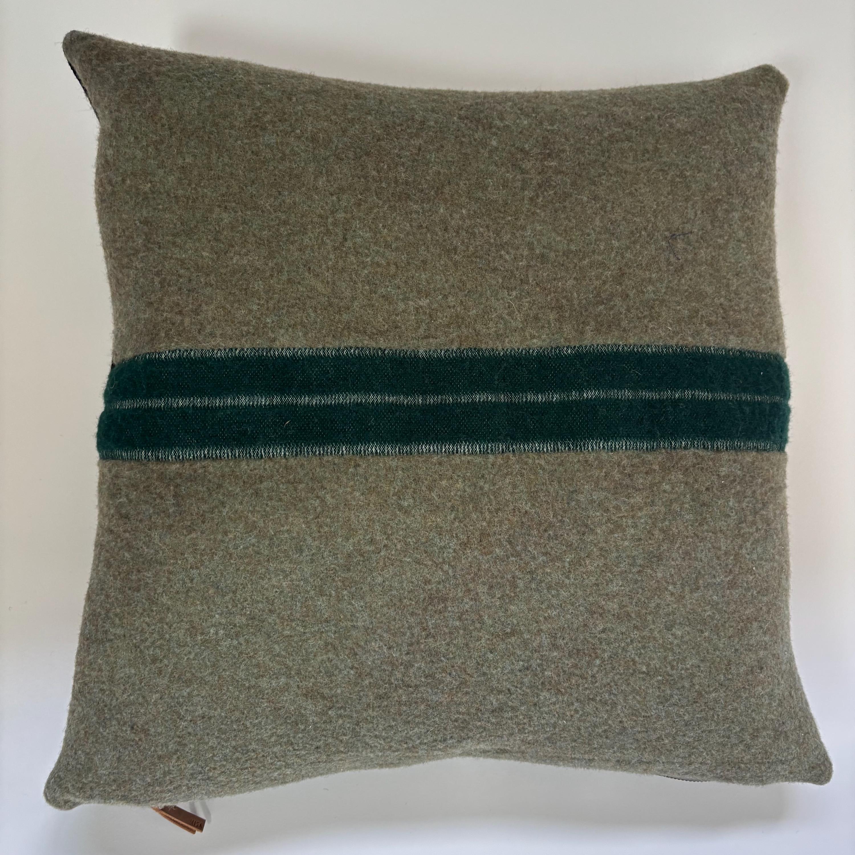 Green wool pillow: Green 18” Stripe, Leather Zipper Pull winter pillow housewarming gift