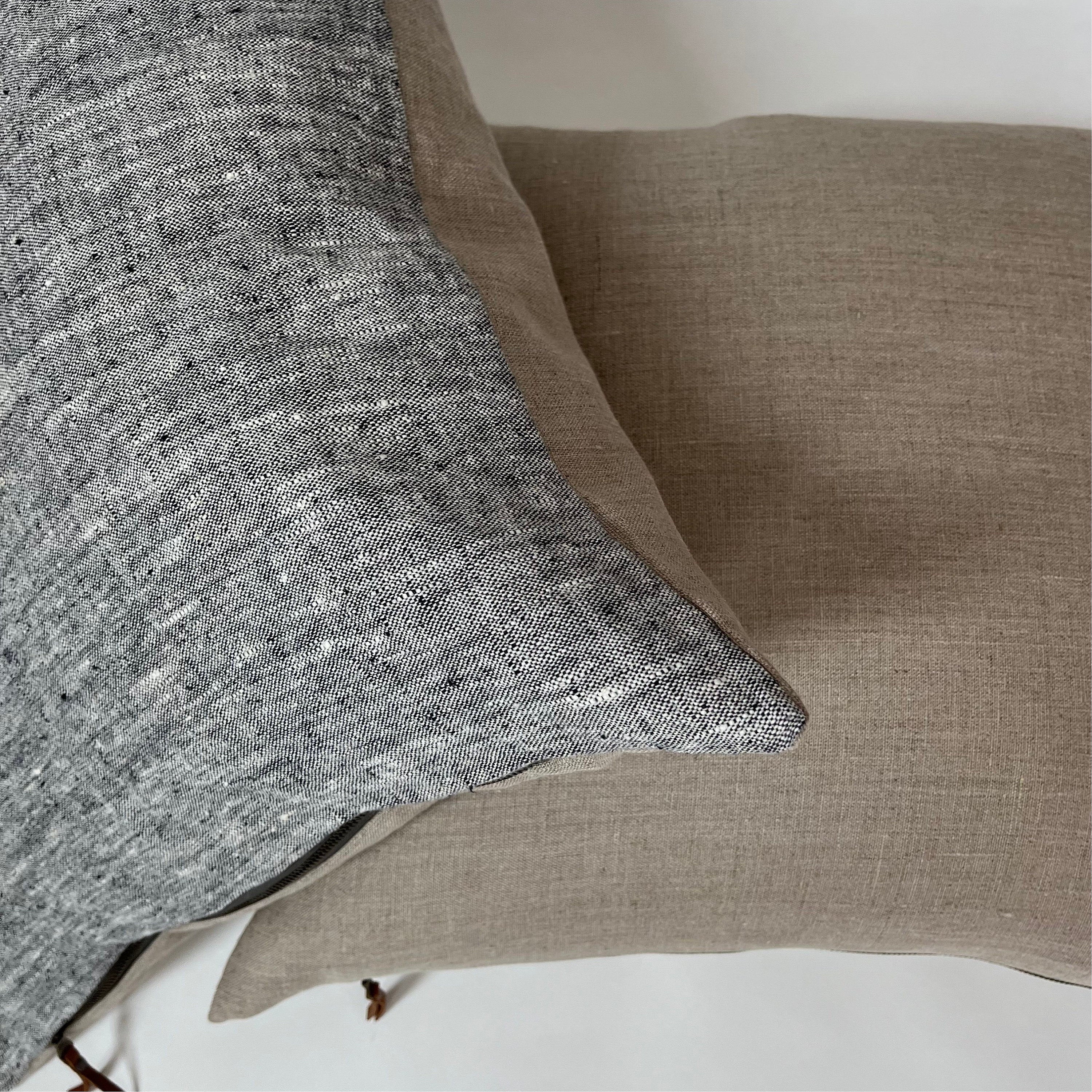 Black and white textured linen pillow cover exposed zipper-leather pull 14x24 20” 22” 24” 100% linen housewarming gift